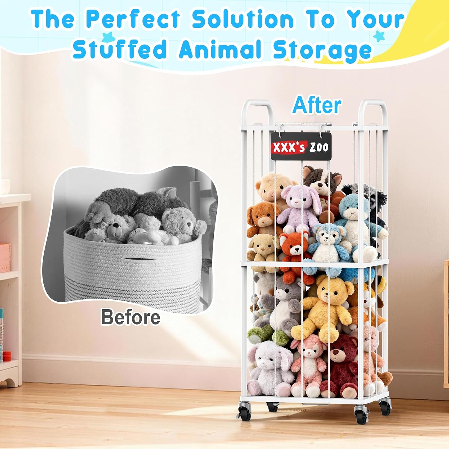 Zoo Stuffed Animal Storage with Wheels - Stuffy Animals Holder Plush Toy Organizer for Kids' Room - Vertical Stuff Storage Shelf for Aesthetic Playroom Bedroom Nursery Decor - White, Small, 2-Tier