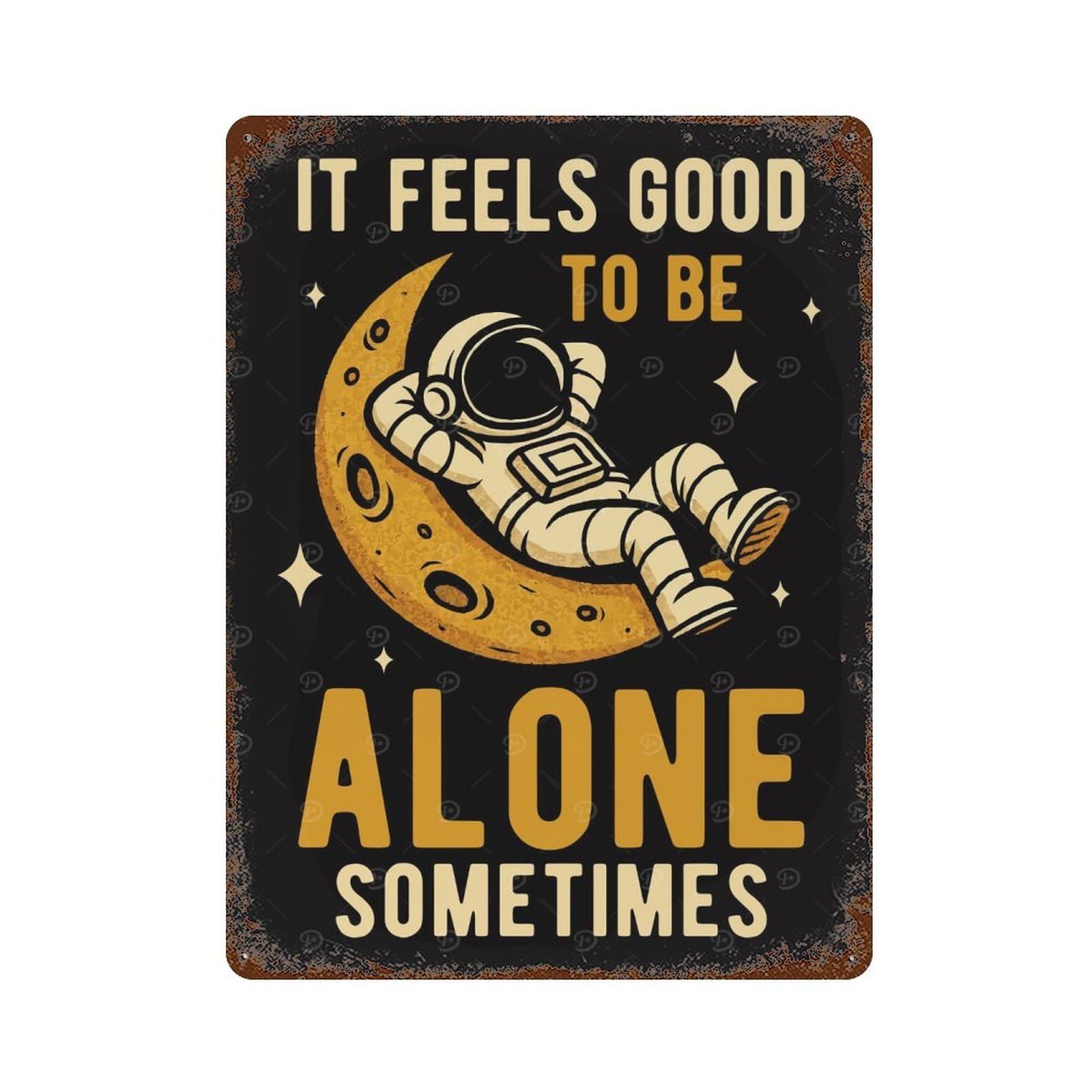 Distressed Metal Wall Sign Astronaut on Moon - Alone Time 15.7"x11.8", Vintage Wall Decor for Cafe, Home Bar And Lounge Decor