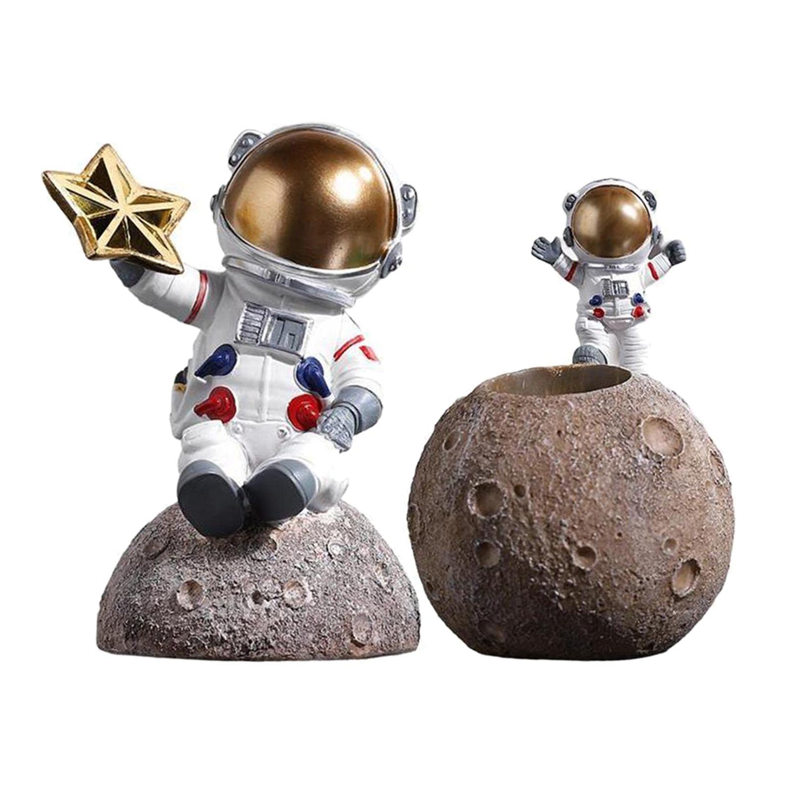 2 figuras de astronauta de resina con escultura de luna, decoración de oficina y hogar