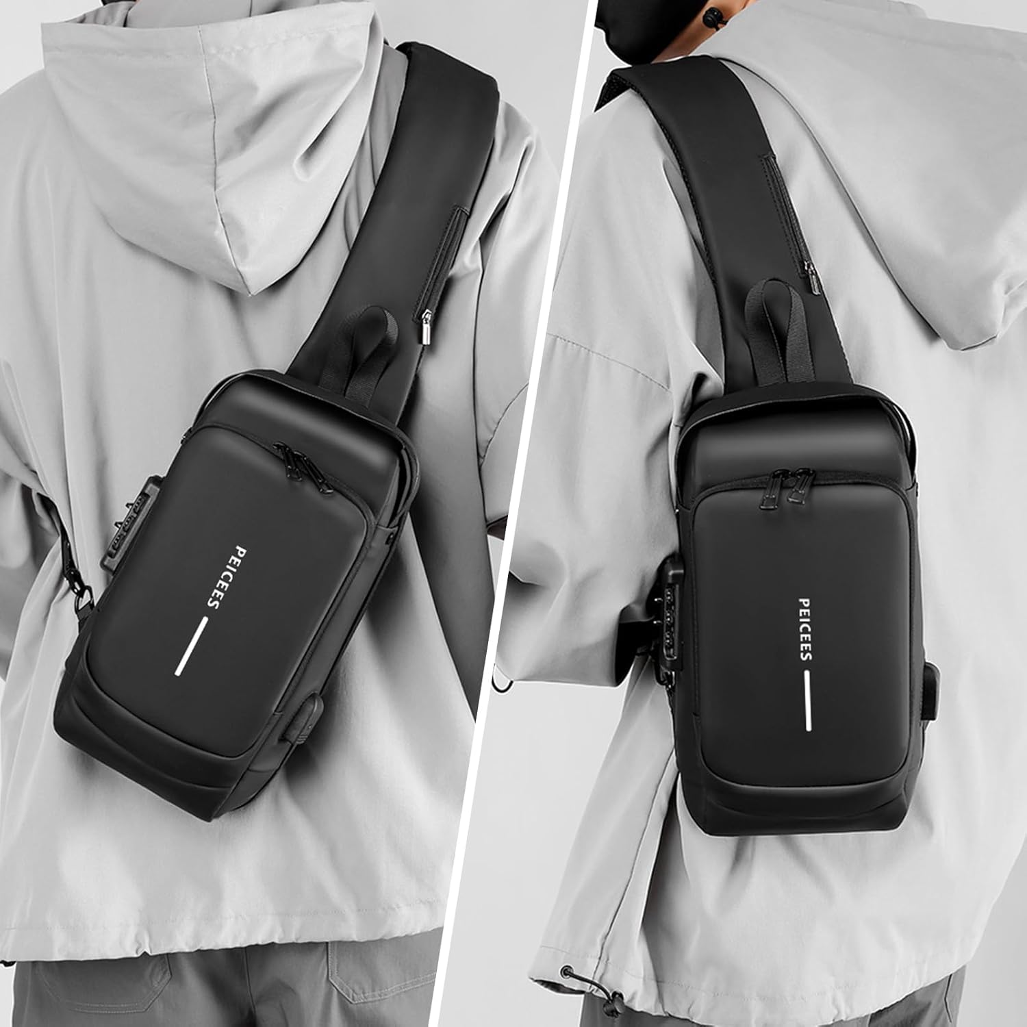 Peicees Mens Crossbody Bag Man Bags Mens Purse Anti-theft Leather Sling Bag Shoulder Bag Chest Bag for Daily Use, Black Black - Image 8