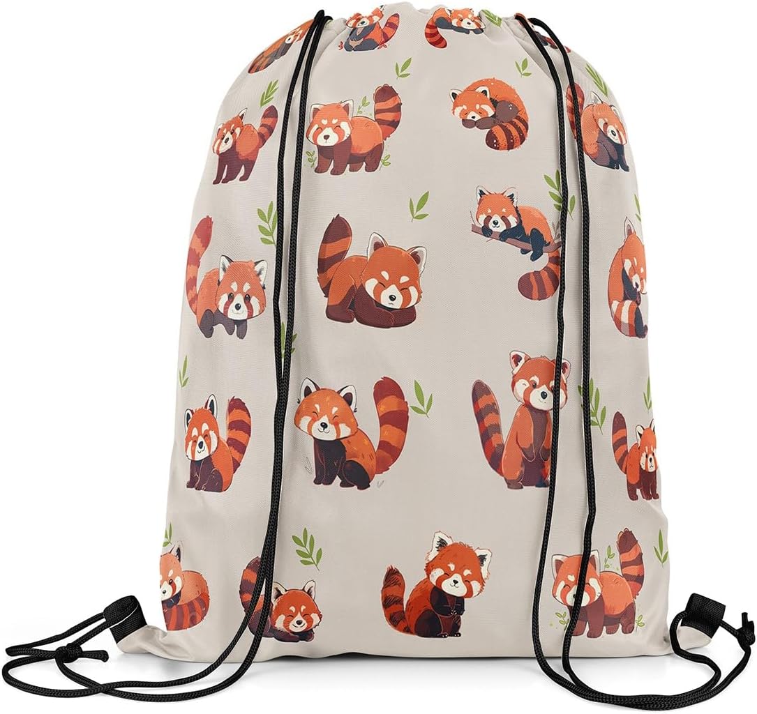 Cute Red Panda Drawstring Backpack 13"x16" Cartoon Kawaii Wild Animals Decor String Bag Sports Sackpack Green Leaves Jungle Plants Rustic Style Drawstring Bag for Adults Men Women
