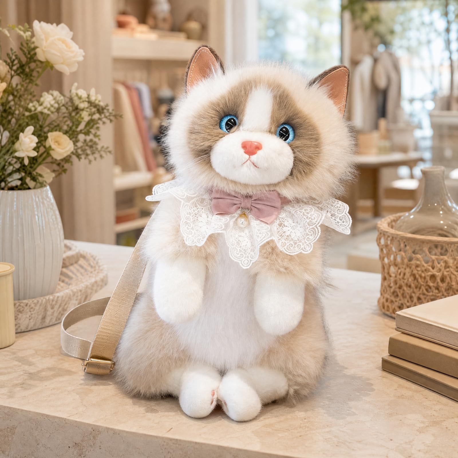 Qianly Peluche Gatto 55 Cm Multiuso Peluche Gatto con Bavaglino in Pizzo Coccoloso per Arredamento Camera, Caffè