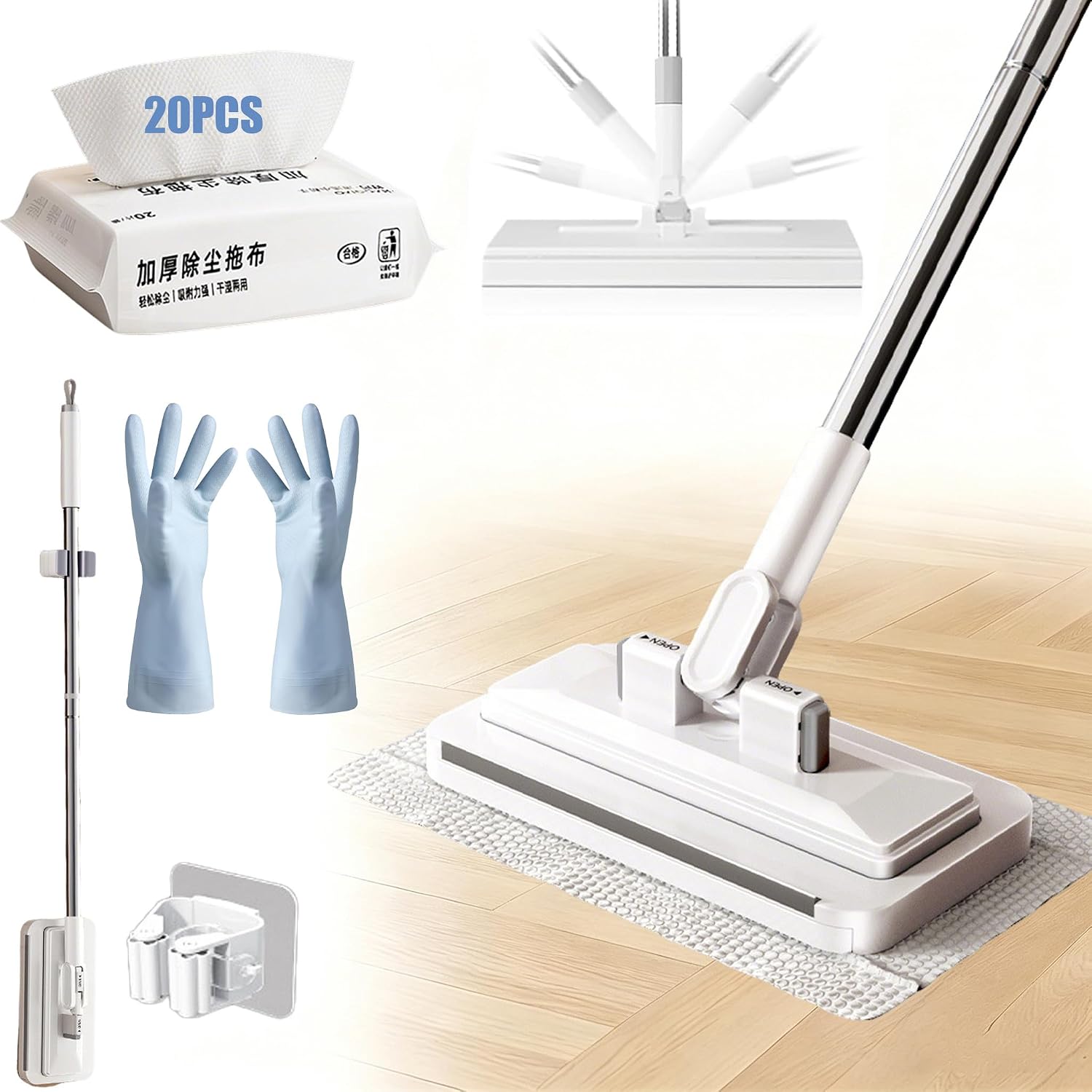 Hands Free Multi Purpose Flat Mop, 2026 New Multi Purpose Flat Mop One Click with Convenient Buckle Handle, Lazy Towel Fiber Lock Paper Clips, Disposable Cloth Floor Cleaning (1pc)