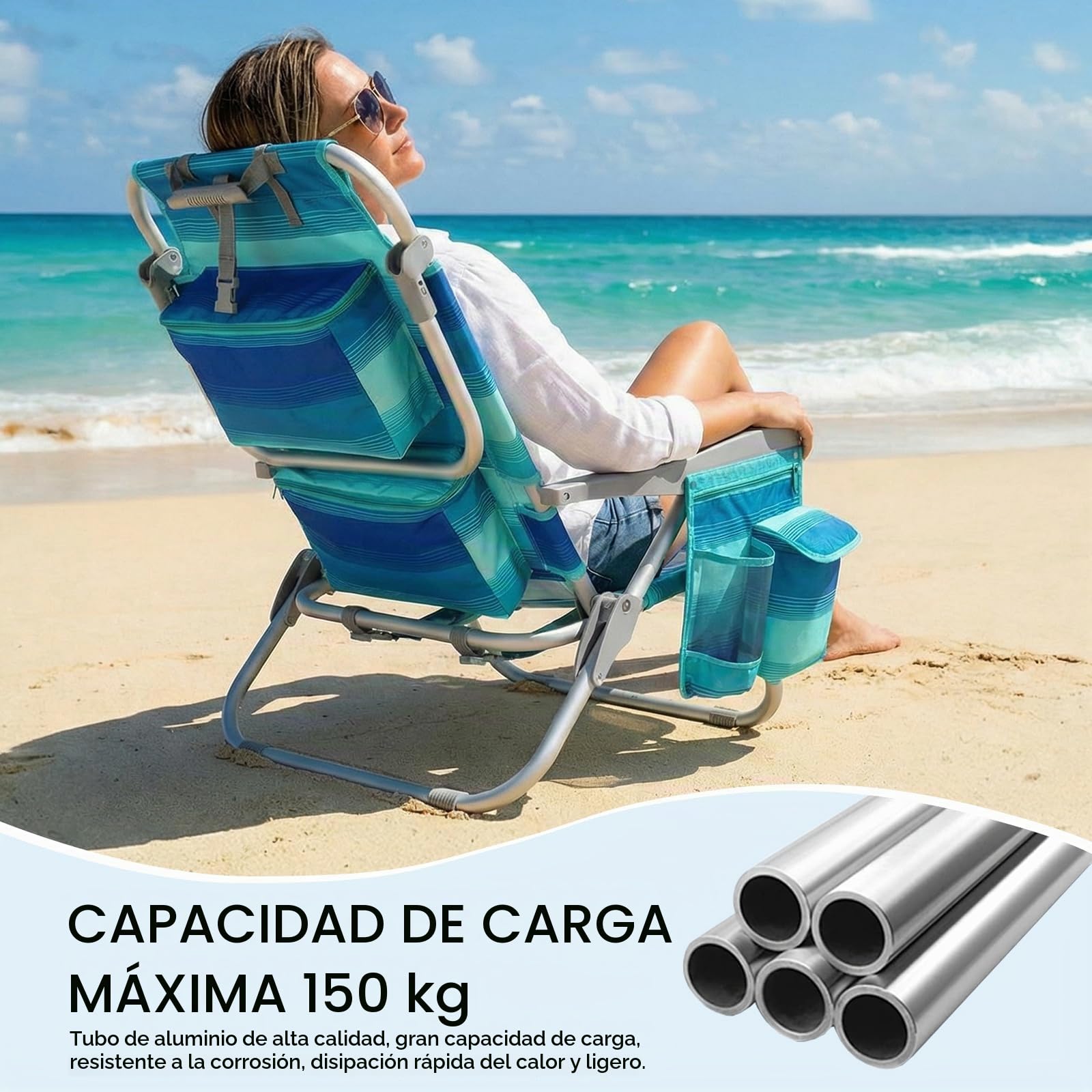 LIFERUN Silla de Playa Plegable de Aleación de Aluminio, Silla Plegable Ligera y Portátil como Mochila, Silla de Camping, Reclinable, Capacidad de Carga de hasta 150 kg, Silla Plegable de Exterior
