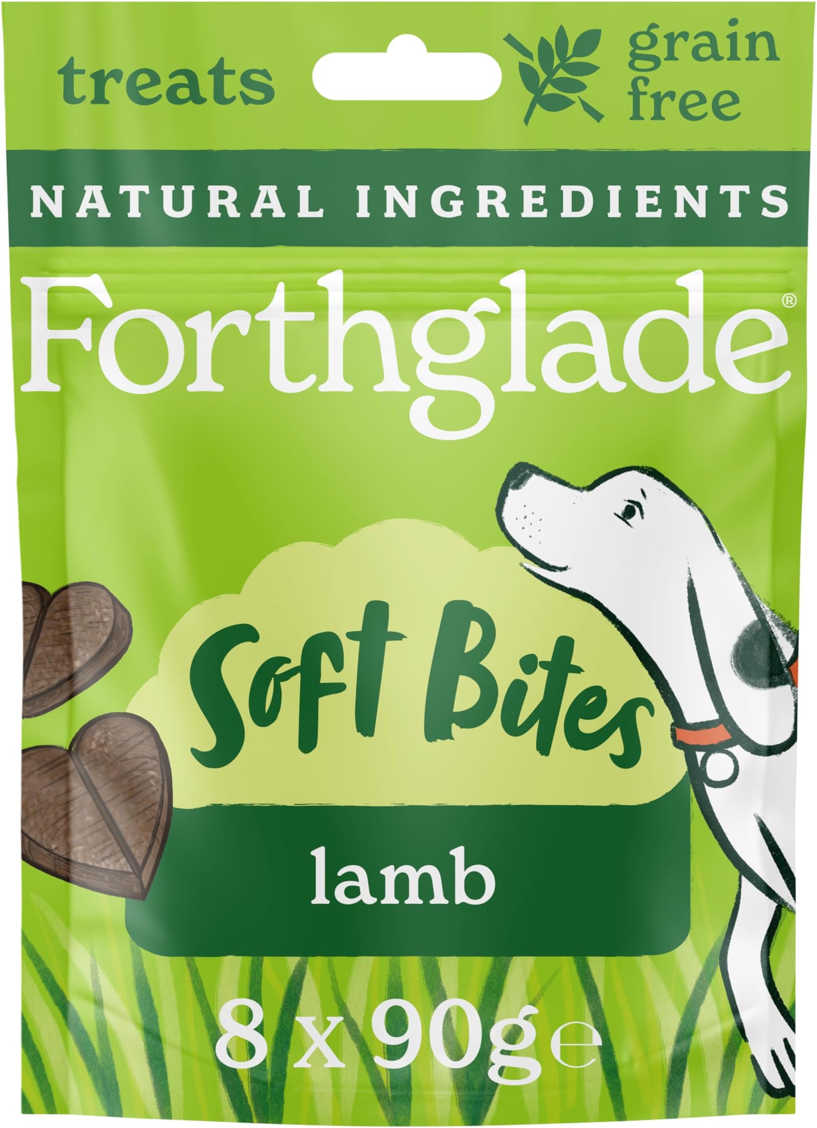 Forthglade Natural Dog Treats (8 x 90g Bags) - Hypoallergenic & Grain Free Dog Treats with Lamb, Hand-Baked Soft Bites, Resealable Bags
