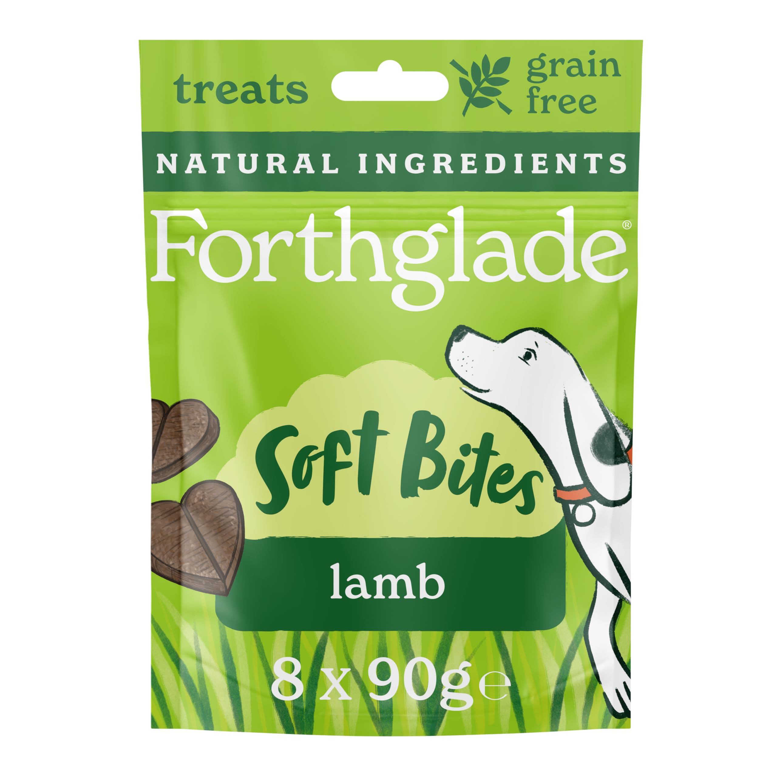 Forthglade Natural Dog Treats (8 x 90g Bags) - Hypoallergenic & Grain Free Dog Treats with Lamb, Hand-Baked Soft Bites, Resealable Bags