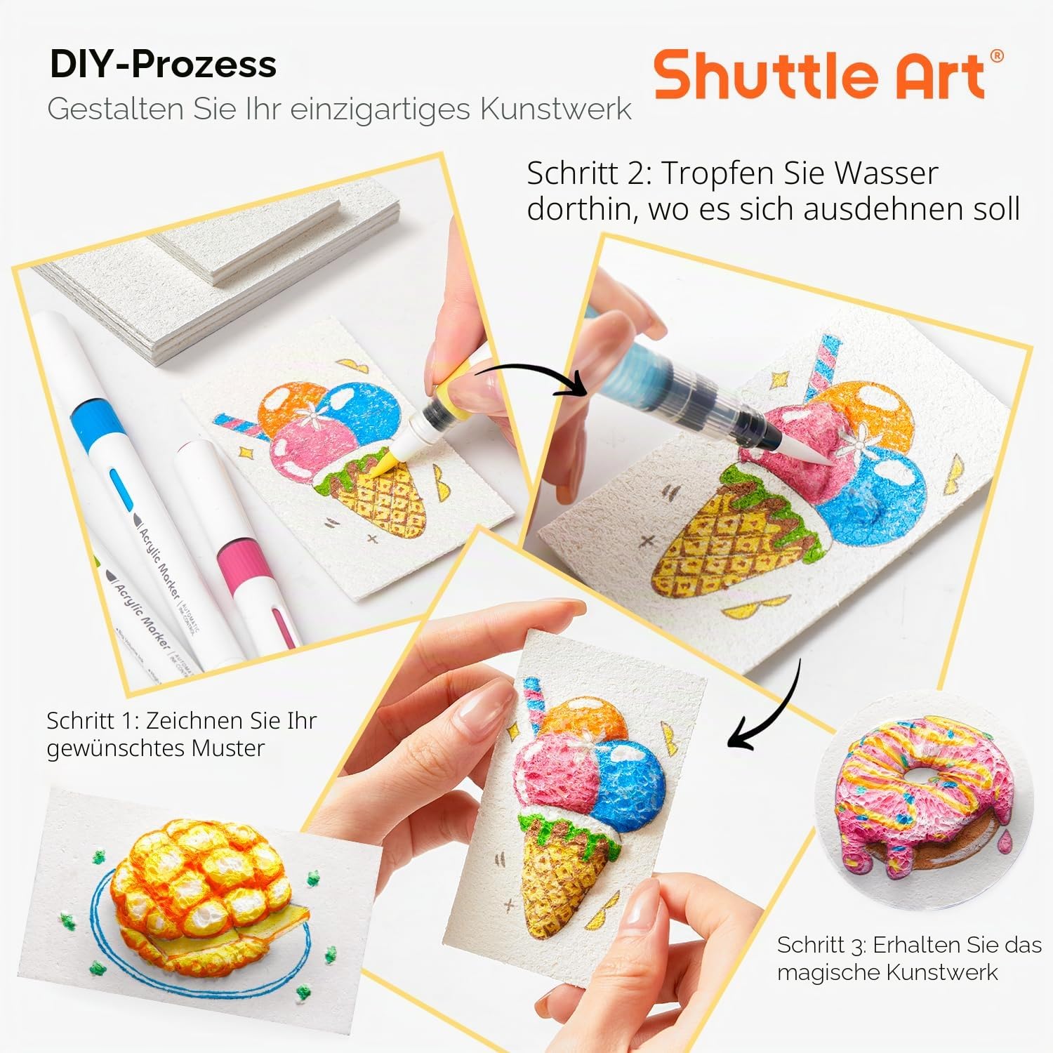 Shuttle Art 44 teiliges Magic Puffy Paint Set, Schaum Textur Malset für Kinder mit 28 Schaumstoff Textur Malpapier, 12 Acrylstifte wasserfest, 3d Schaumstoff Malset für Schaumtextur Malerei