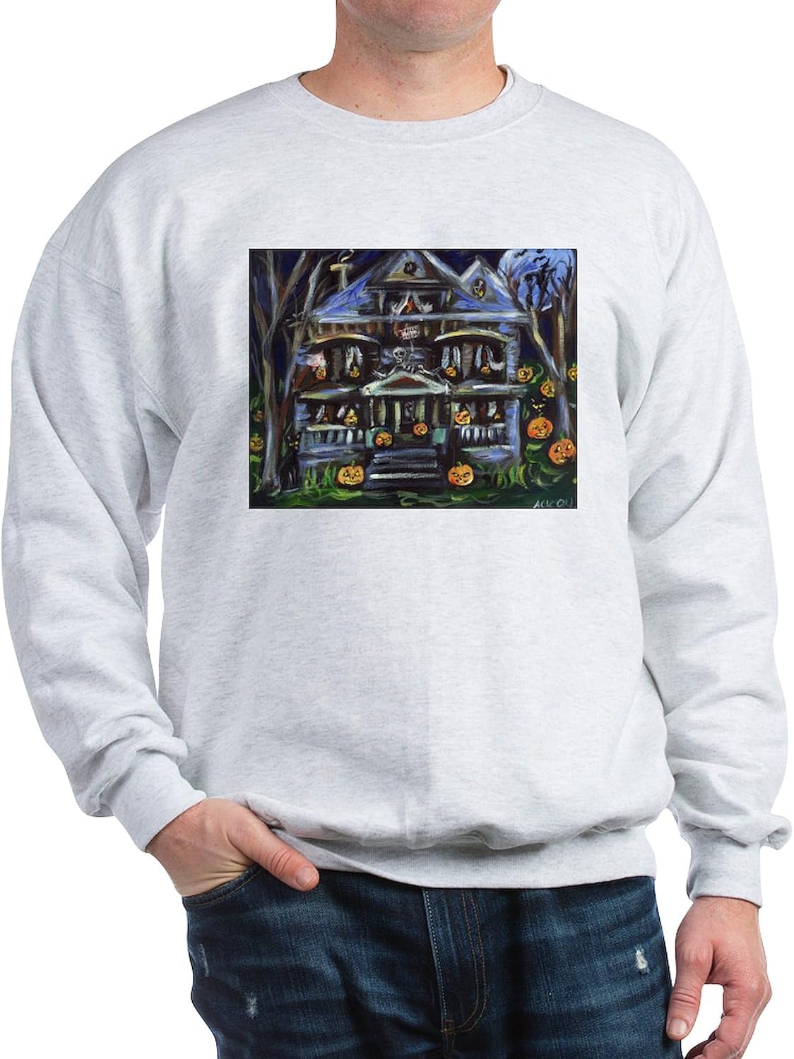 CafePress Halloween Haunted House Desig Sweatshirt Classic Crew Neck Light Sweatshirt