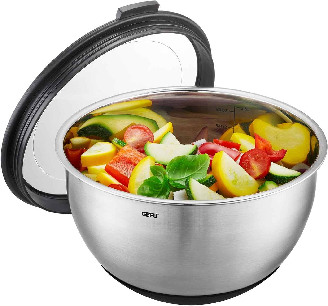 GEFU MUOVO Stainless Steel Bowl with Lid Set of 2 - Mixing, Serving or Salad Bowl with Silicone Base and Storage Lid, 16 cm & 20 cm, Capacity 2.5 L & 4.5 L