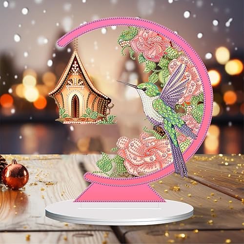 Miniatura 6 de AZURAOKEY Kit de escritorio de pintura de cristal de pájaro con flor en la boca, forma especial, kit de arte de diamante de escritorio, decoración