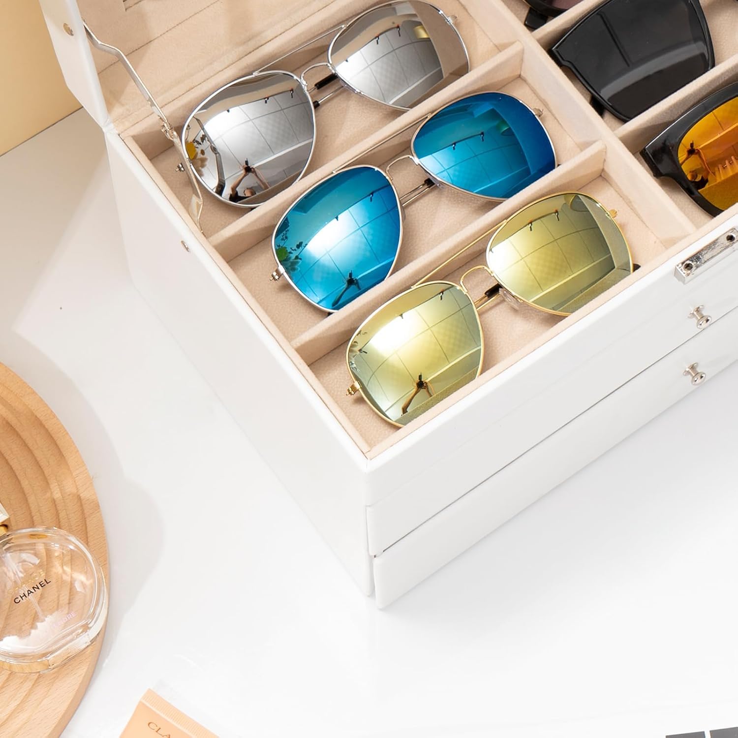 ProCase 3 Etagen Brillenbox 18 Sonnenbrillen Displaybox Aufbewahrungsbox aus Leder Brillenschatulle Brillenkoffer mit Glasdeckel