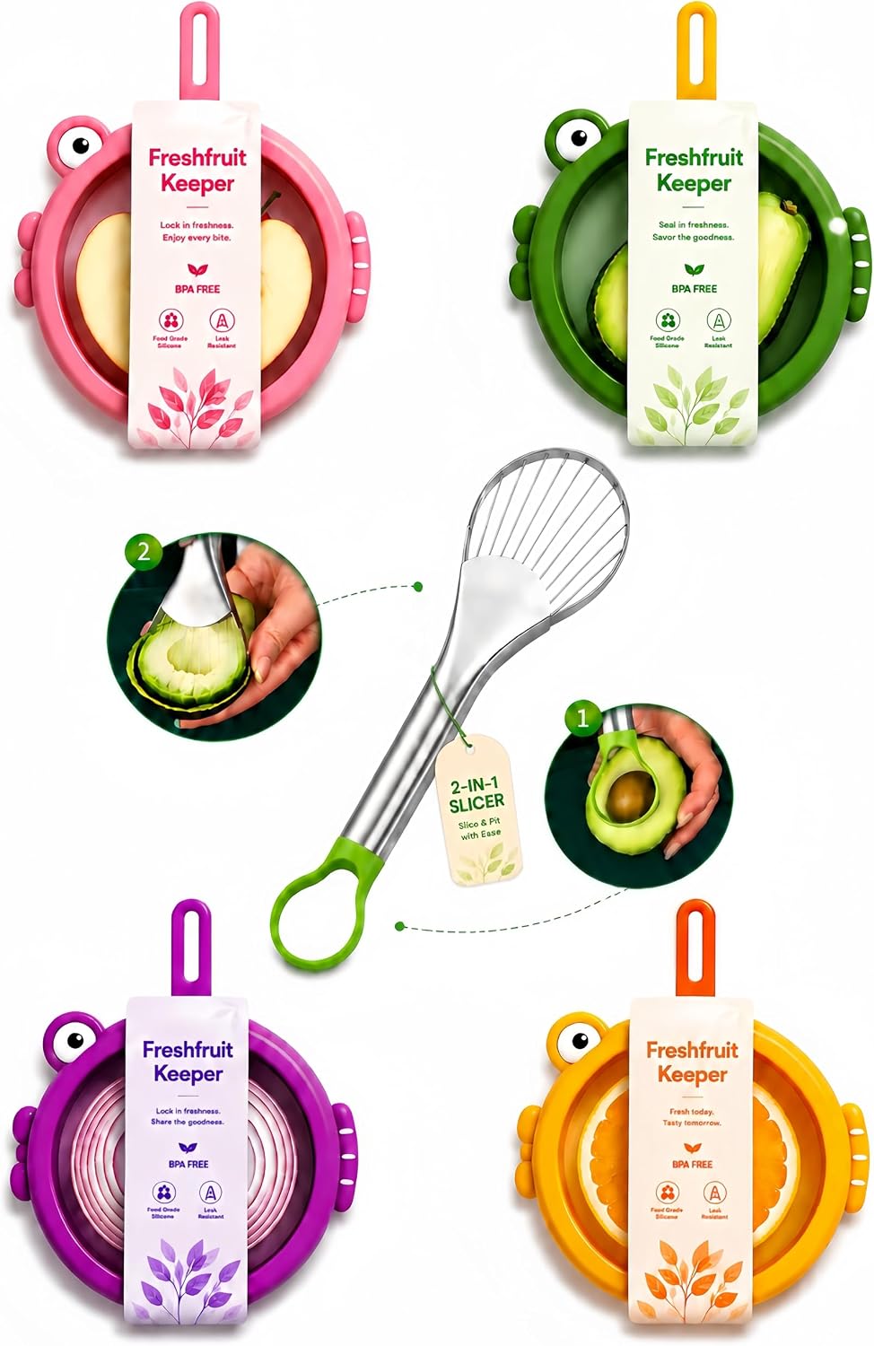 5PCS Reusable Silicone Kitchen Cute Fish-shaped Keeper Set – Reusable Avocado Saver, Onion Keeper ,Fruits & Vegetables Keeping Containers for Fridge with Bonus Avocado Slicer