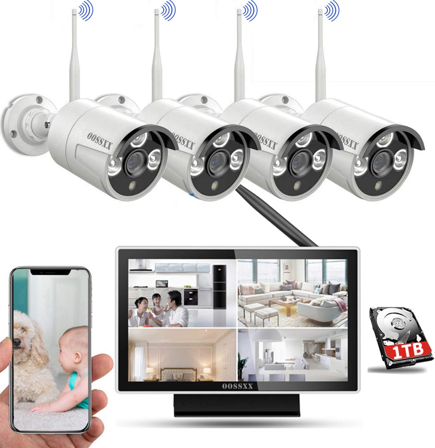 Wireless Home Security Camera Systems Outdoor With 10inch Screen Monitor,Wireless Complete Video Surveillance Camera System with Hard Drive,4pcs Wireless Weatherproof Cameras