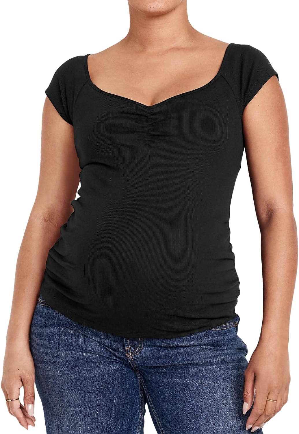 Tankaneo Womens V Neck Maternity Tops Cap Sleeve Fitted Breastfeeding T Shirts Summer Pleated Pregnancy Clothes - Image 2