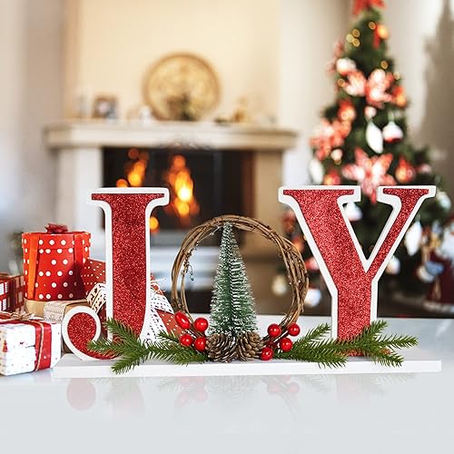 Miniatura 2 de Linfevisi Letrero de madera de Navidad con texto en inglés Joy Christmas, letrero de madera con texto en inglés Joy Block para decoración del hogar