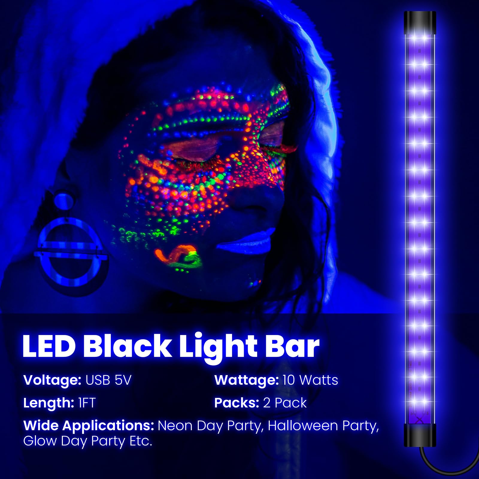 4 Pièces 5V USB Barres De Lumière Noire Portable, 10w UV LED Tube Lampe Violette Black Light pour Halloween Noël Soirée Body Painting Affiche Poster Fluorescente