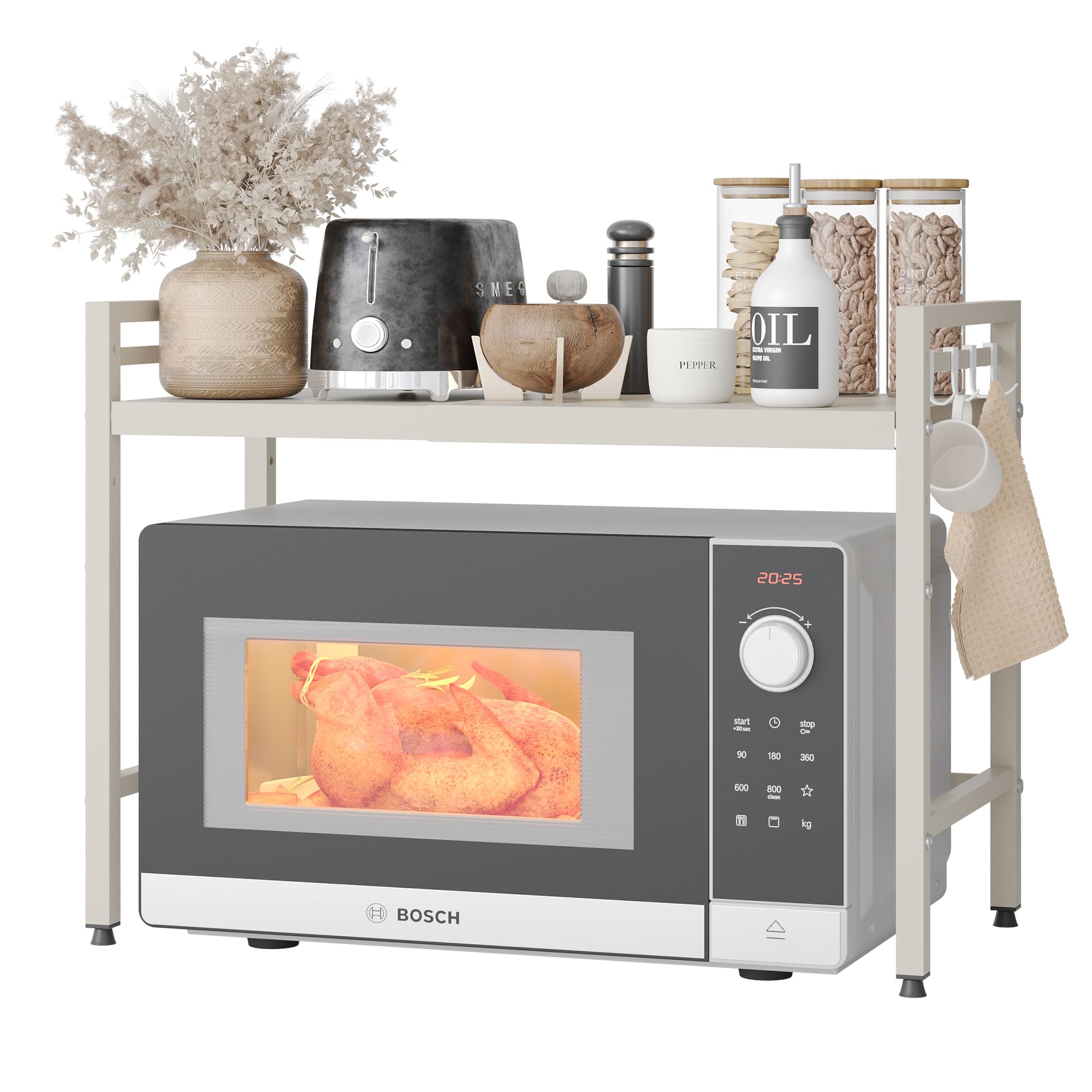 NETEL Soporte para microondas encimera Cocina Organizador hornos estanterías Almacenamiento Extensible microondas Soporte de 40 a 60 cm，con 8 Ganchos, Blanco 2 Niveles