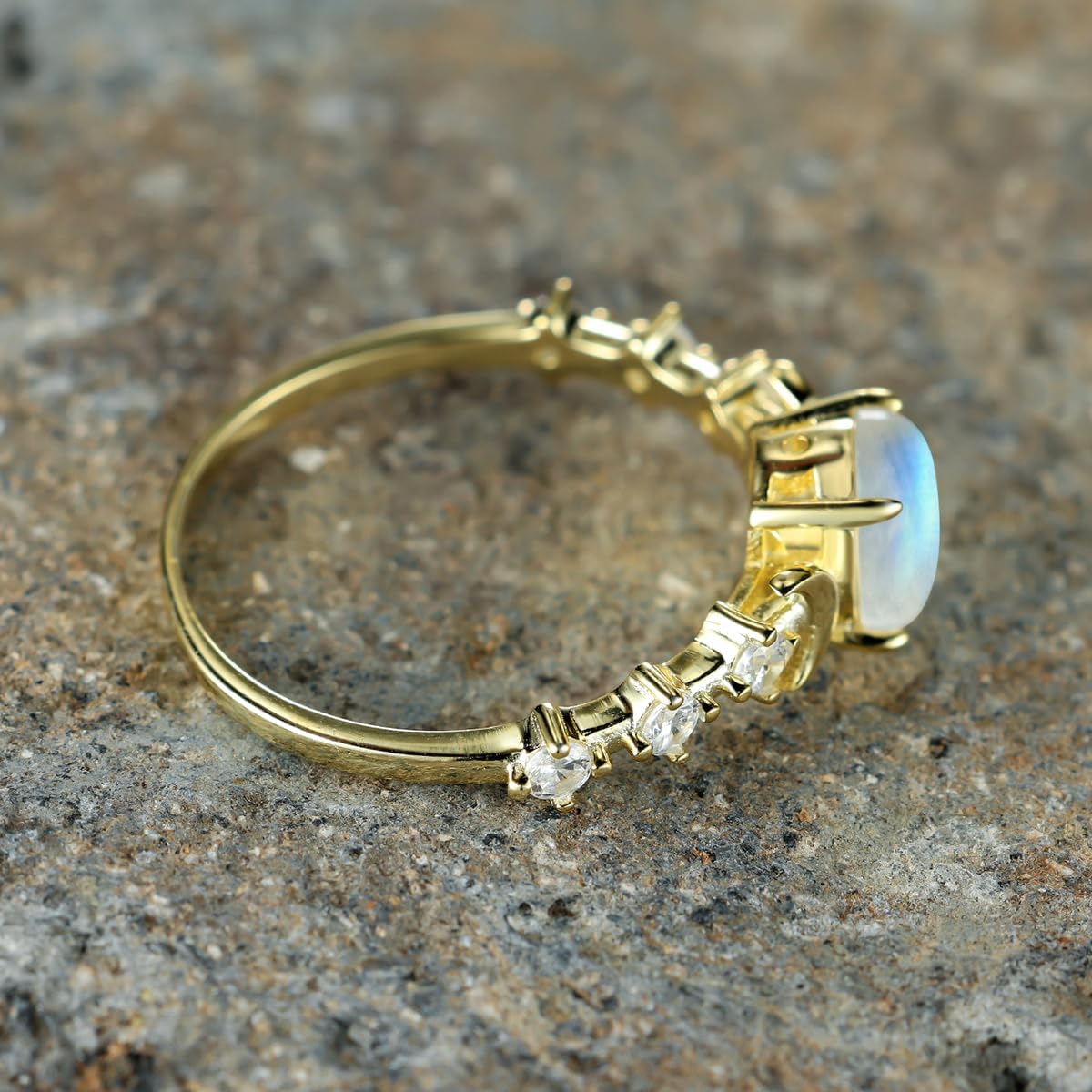 Genuine Moonstone Ring Sterling Silver Moon Phase Ring Oval Moonstone Cubic Zirconia Statement Band Finger Minimalist Ring for Women with Gift Box (Gold, 7) - Image 4