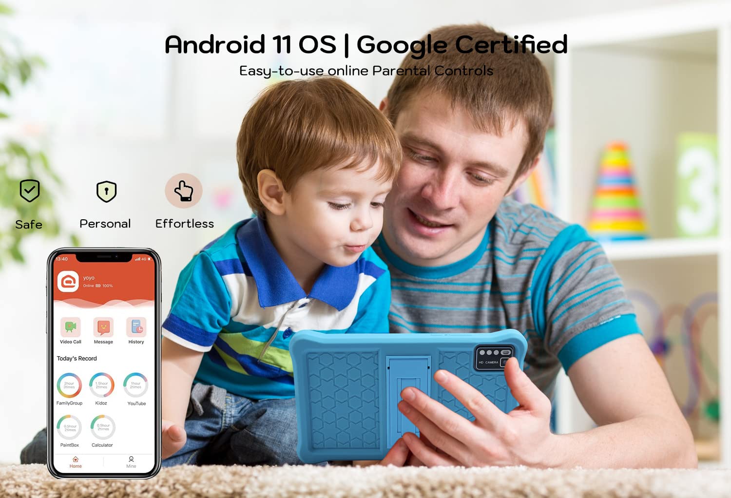 Thunrlge 7-calowy tablet dla dzieci z systemem Android 11, 3 GB RAM 32 GB Rom 128 GB rozszerzenia, fabrycznie zainstalowane oprogramowanie dla dzieci, certyfikat Google, WiFi, Bluetooth.