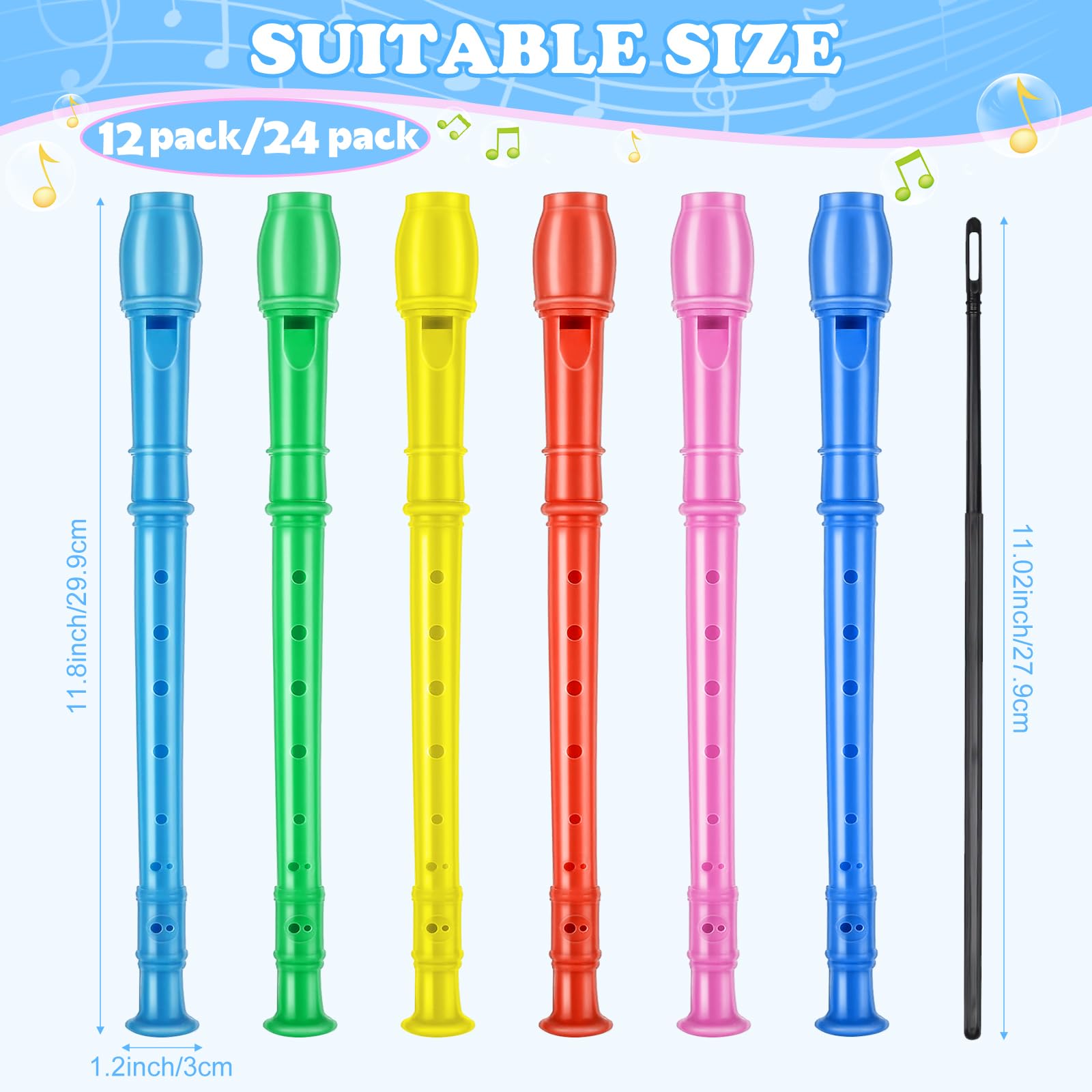 8 Hole Soprano Recorders Descant Flute Bulk With Cleaning Rod German Style for Back to School Gift Operation Christmas Shoebox Supplies Musical Instruments Party Favor (12 Pack)