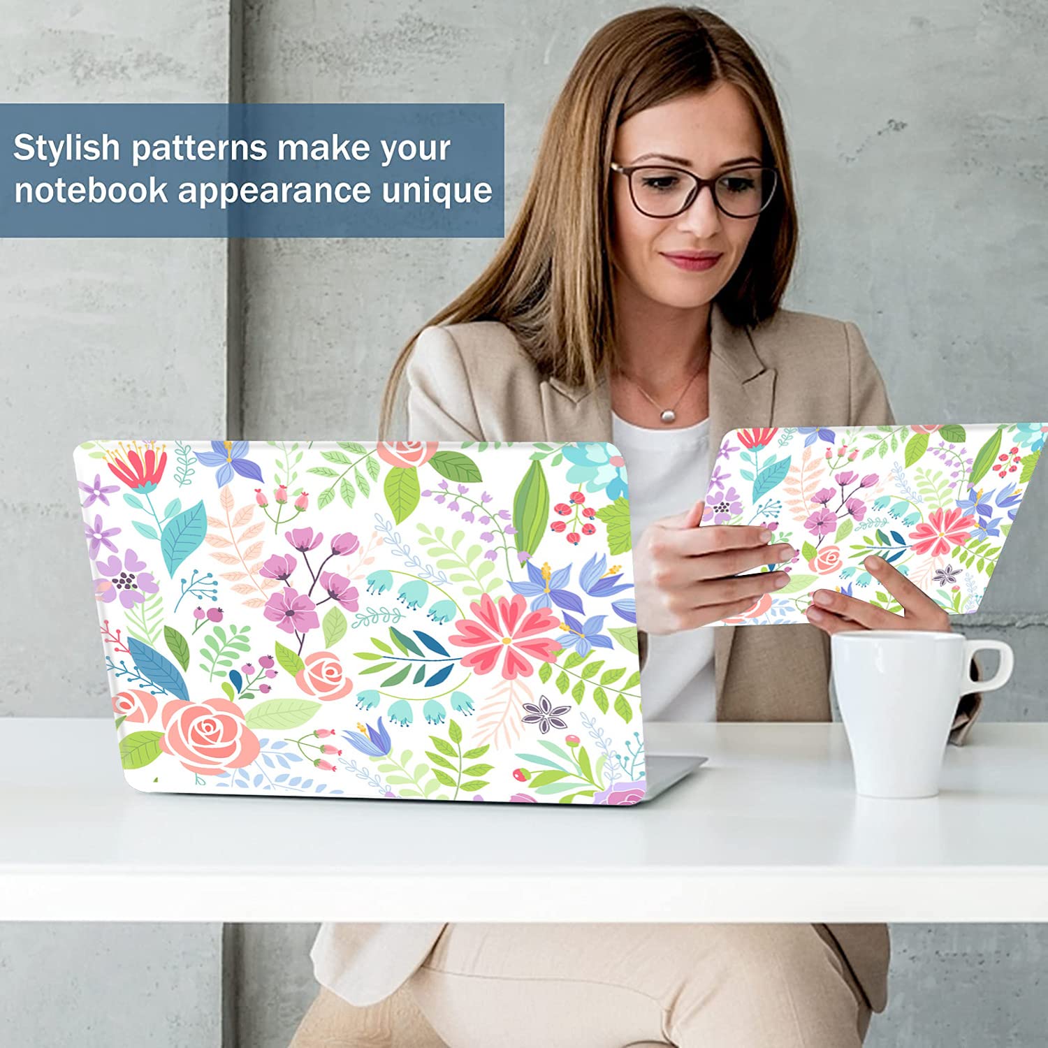 Adesivo universale per netbook, riutilizzabile, per notebook, con motivo floreale, motivo: fiori e foglie