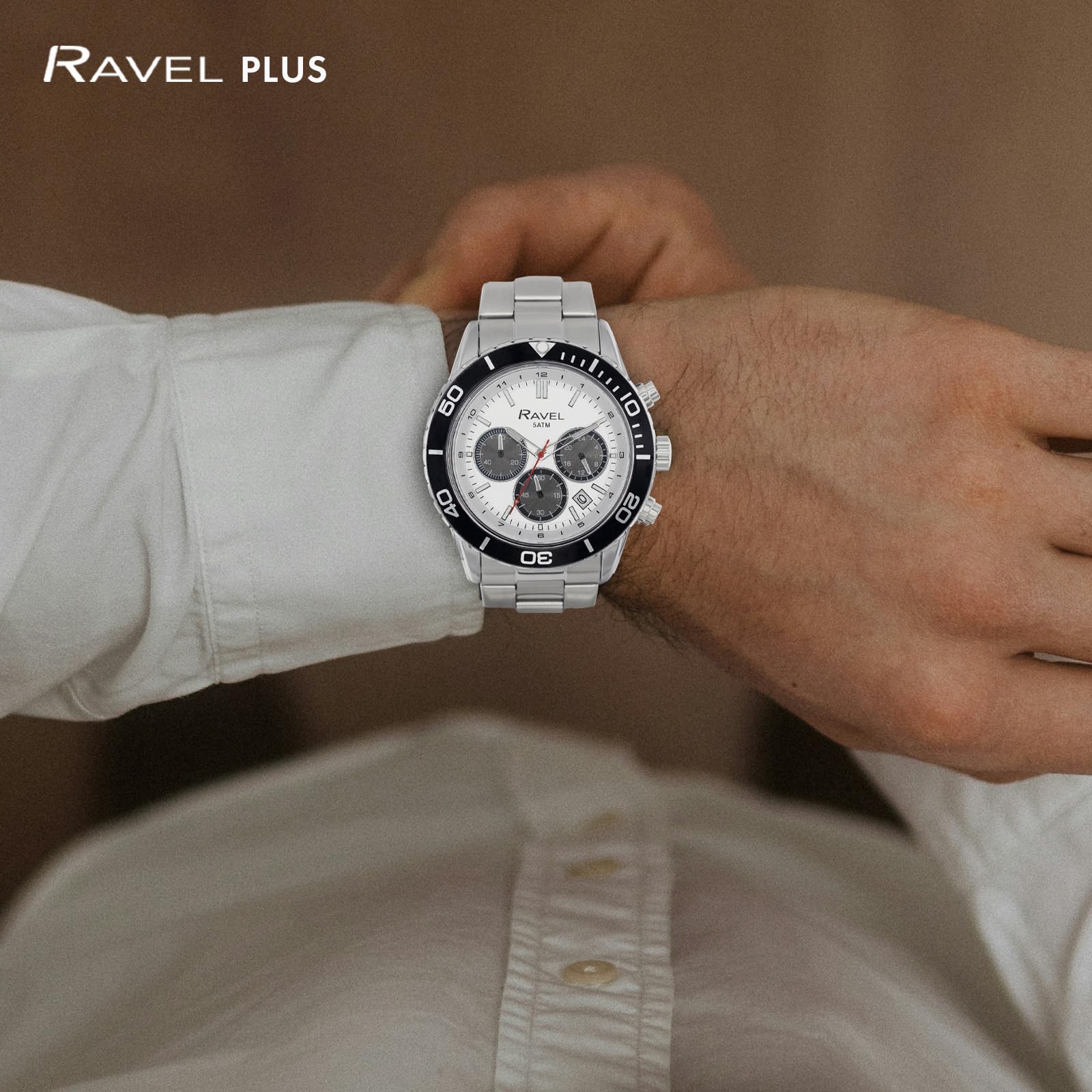 Ravel Plus - Orologio Sportivo da Uomo Cronografo Argento 42 mm con Lunetta Girevole Unidirezionale - 5ATM - Analogico Quarzo - RP.CHR-05-09