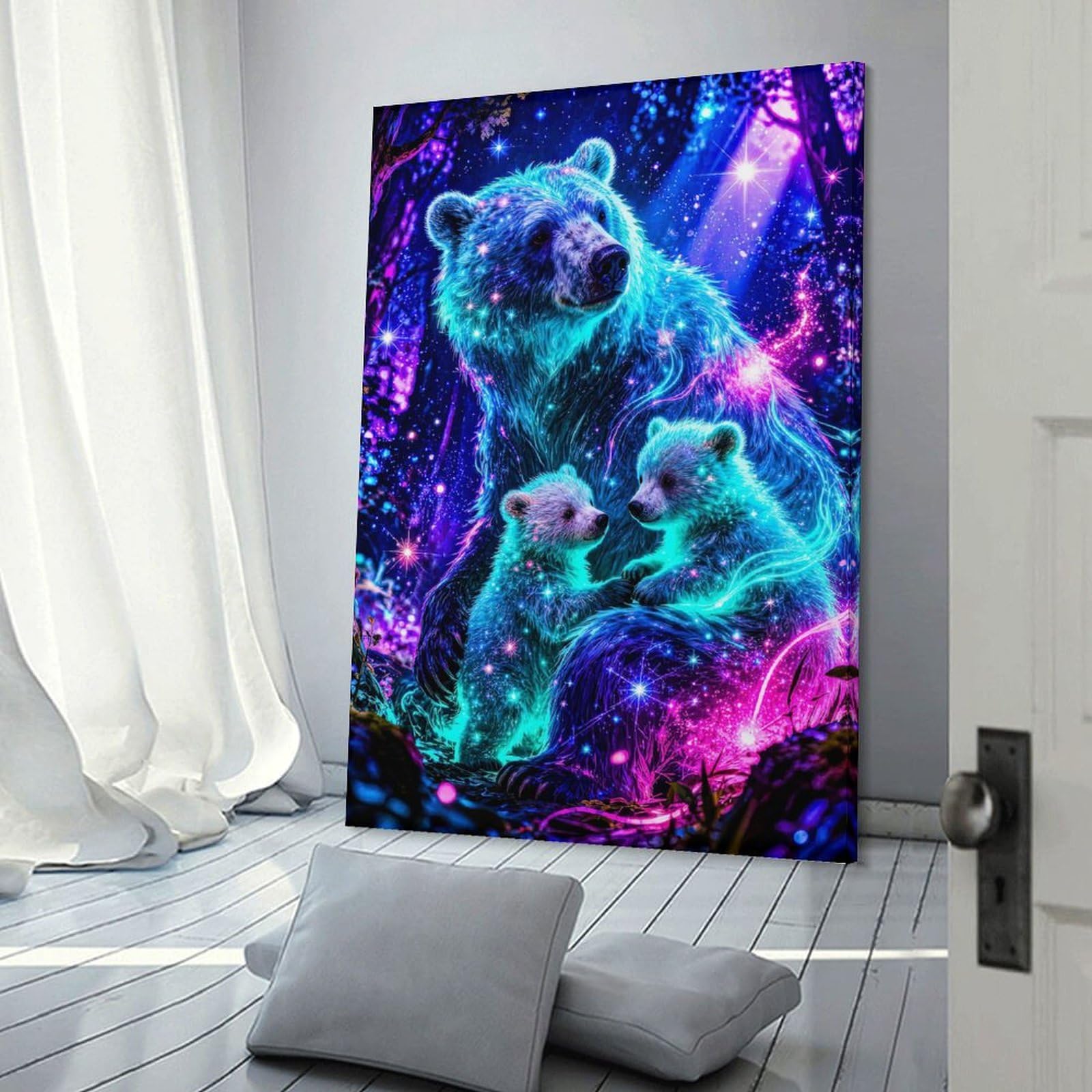 Junmoney Frame-Style-2 Cosmic Bears In Enchanted Forest Hanging Wall Art 20X30inch(50X75cm), For Small Homes, Bedrooms Or Open Spaces, Decorative Canvas Decor For Home Updates