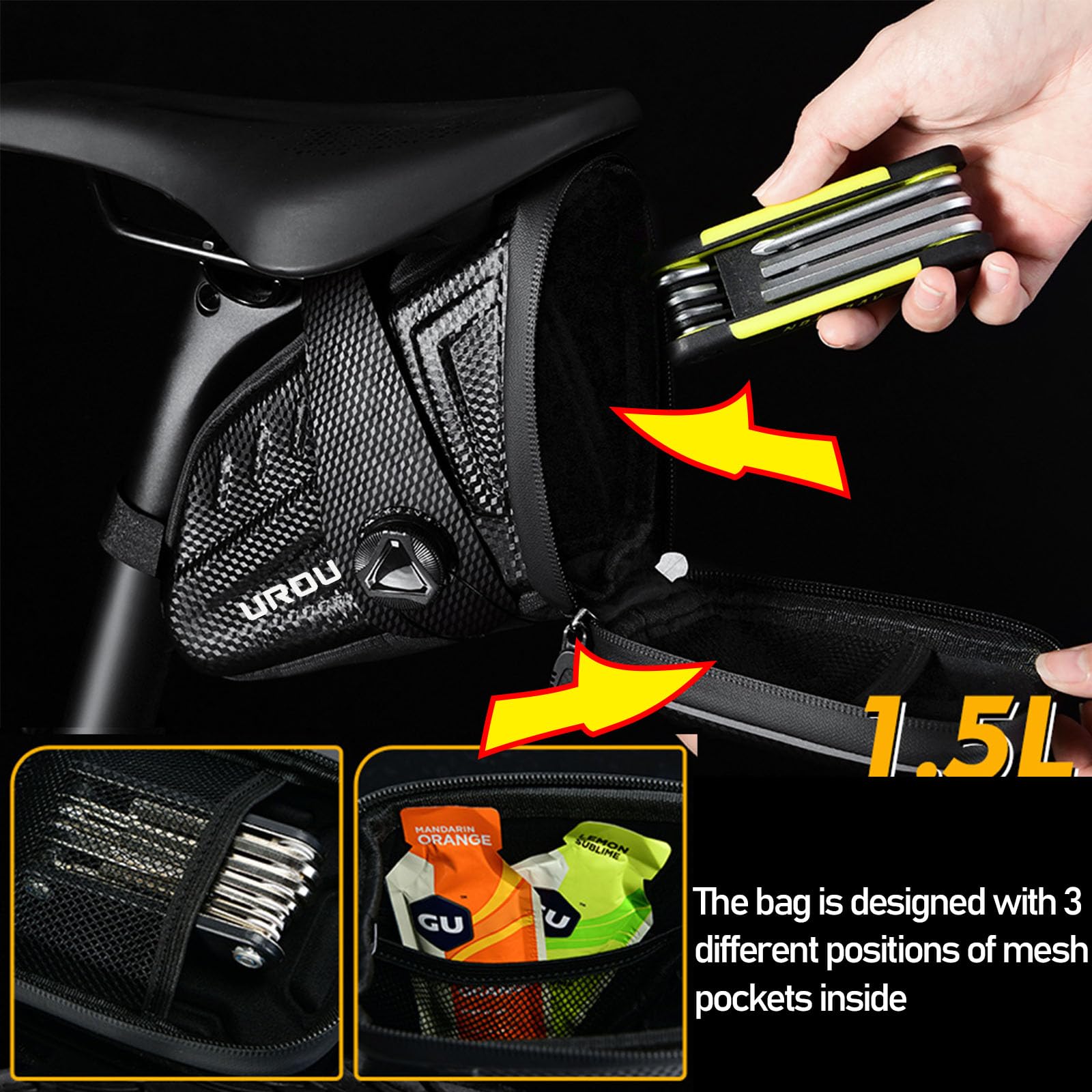 Borsa Sottosella per Biciclette e Bici MTB,Bolsa Sillín con Strisce Riflettenti，Materiale in EVA,Colore in Nero 1.5L