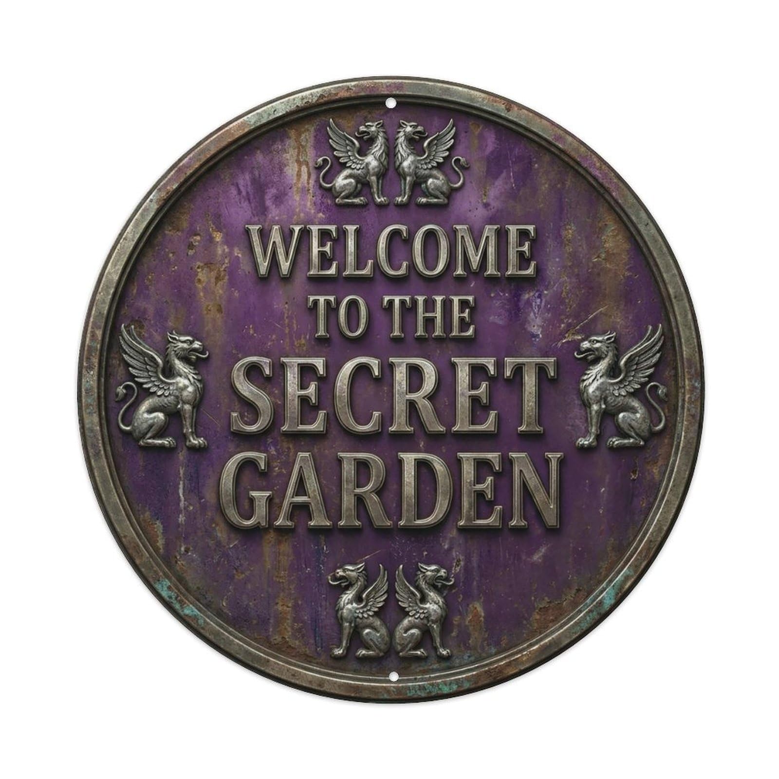Vintage Welcome Secret Garden Pewter Eggplant Grotesque Metal Tin Sign