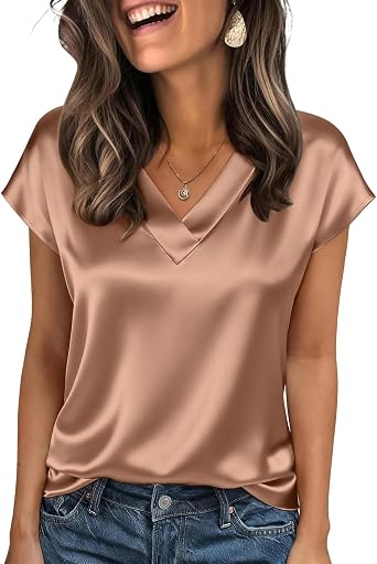 Shirts for Women Satin Tops Cap-Sleeve T-Shitrs Short-Sleeve Blouse V-Neck Shirts Business Casual Outfits