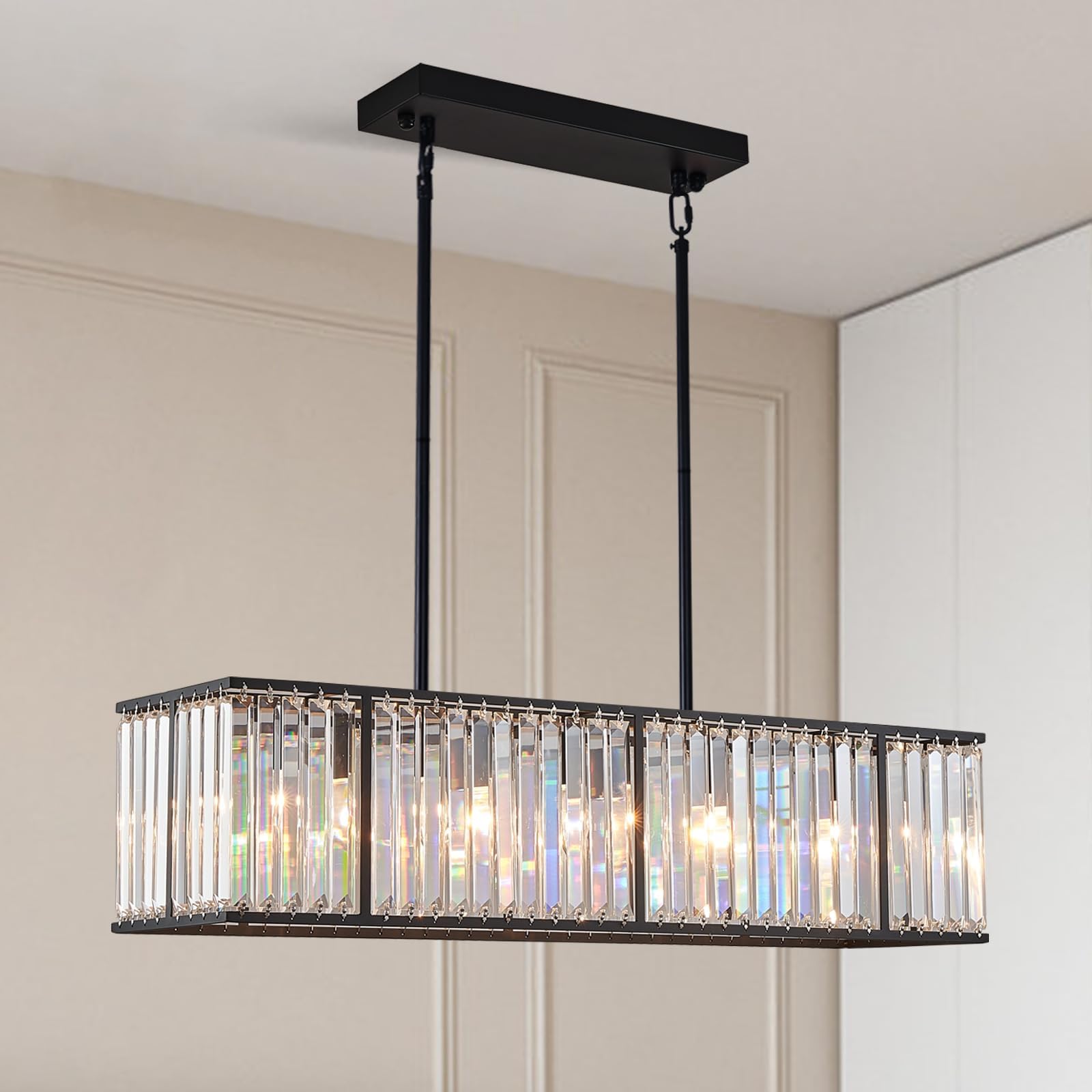 Moooni Rectangle Chandelier Modern Rectangular Dining Room Crystal Chandelier Black Rectangular Chandelier Modern Light Fixture 5 Lights Black Crystal Chandelier for Dining Room L33.5 x W8.7 x H8.7