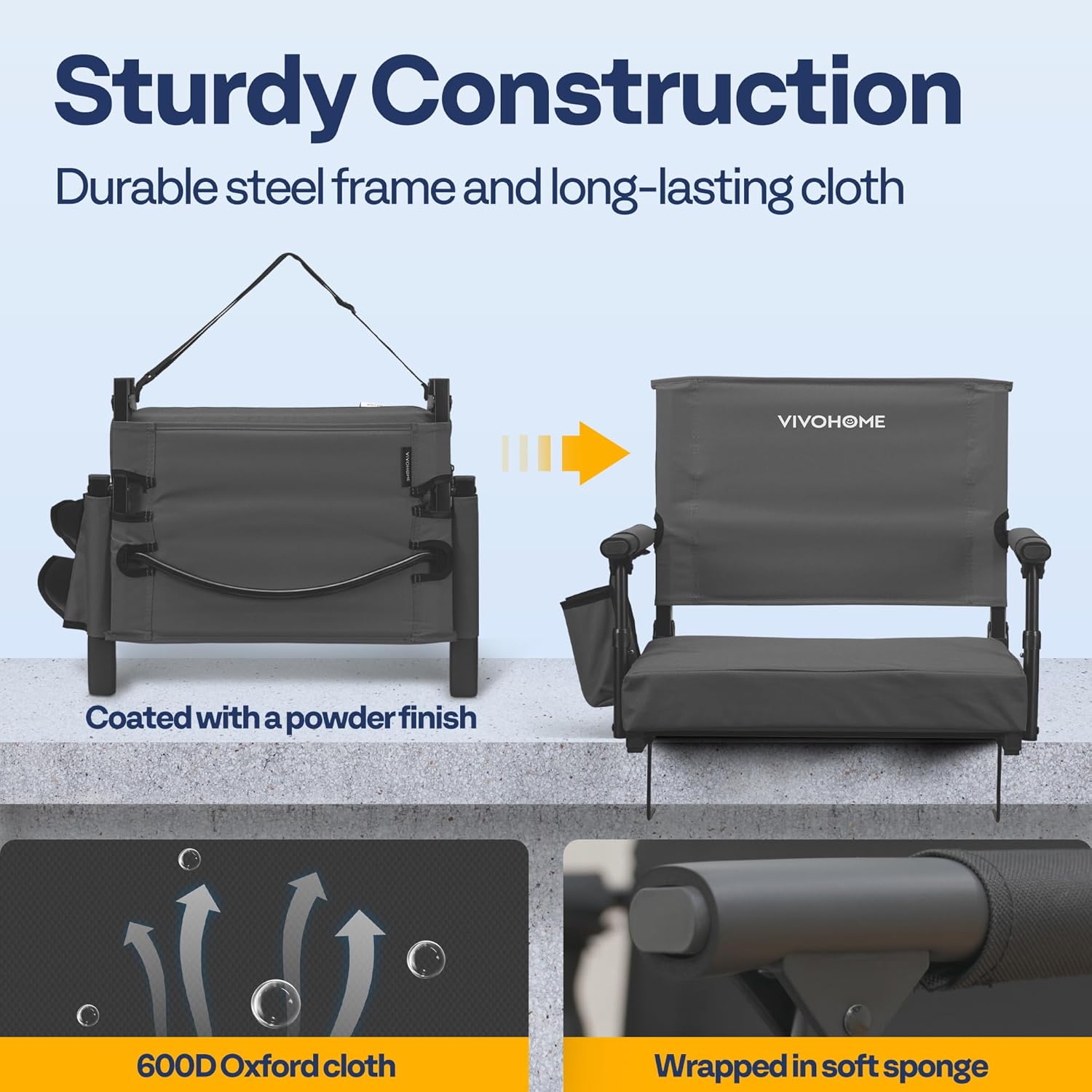 VIVOHOME Stadium Seats with Back Support and Cushion, 2 Pack Portable Bleacher Chairs with Cup Holder and Shoulder Strap