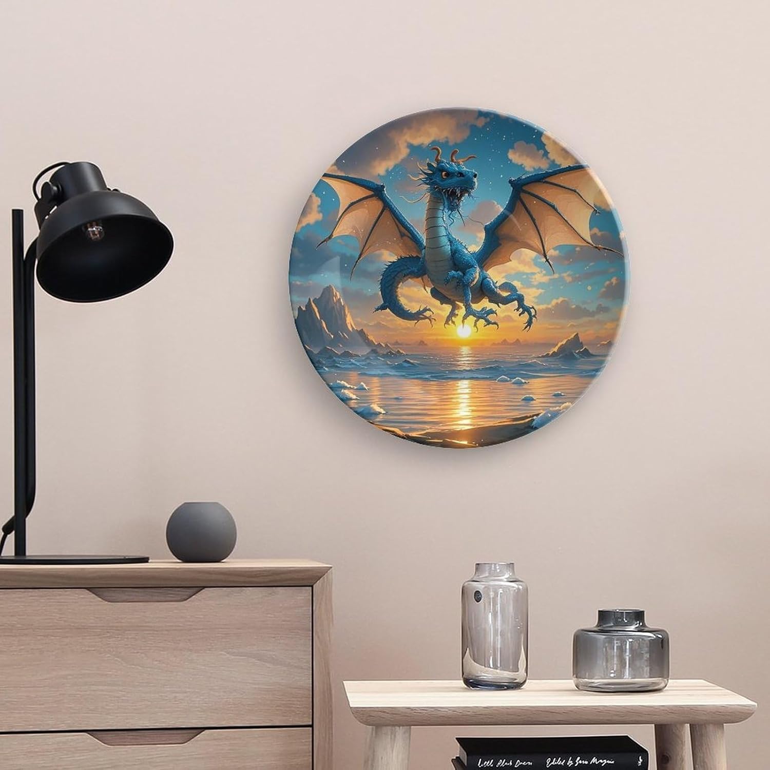 Sea Sunset Flying Dragon Decorative Ceramic Plate Round Porcelain Plate Decor Personalized Bone China Decorative Plates Ceramic Ornaments Dessert Plates with Display Stand 10inch