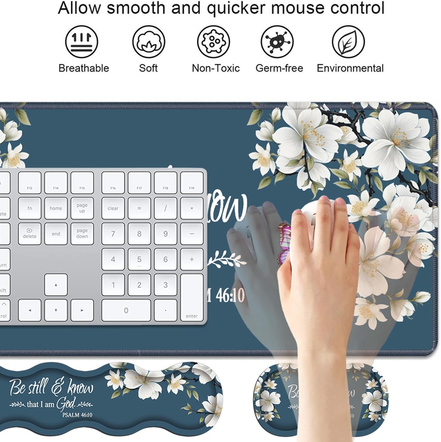 4 in 1 Ergonomic Keyboard Wrist Rest & Mouse Pad Wrist Rest Set,Large XXL Gaming Desk Mat 31.5"x 11.8" with Non-Slip Base,Memory Foam for Home Office Study Gaming,Floral Quote Bible Verse Psalm 46:10