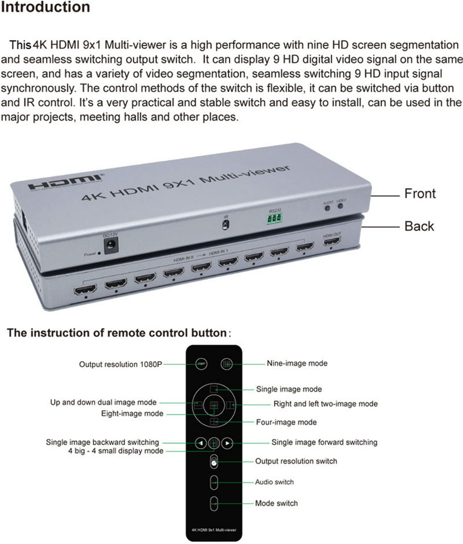 Splitter per mirino multiplo HDMI 8X1,4K HDMI 9x1 Quad Multi-Viewer HDMI 9 in 1 Uscita con commutazione senza interruzioni Controllo IR HDMI Splitter Switch per fotocamere PC (9X1)