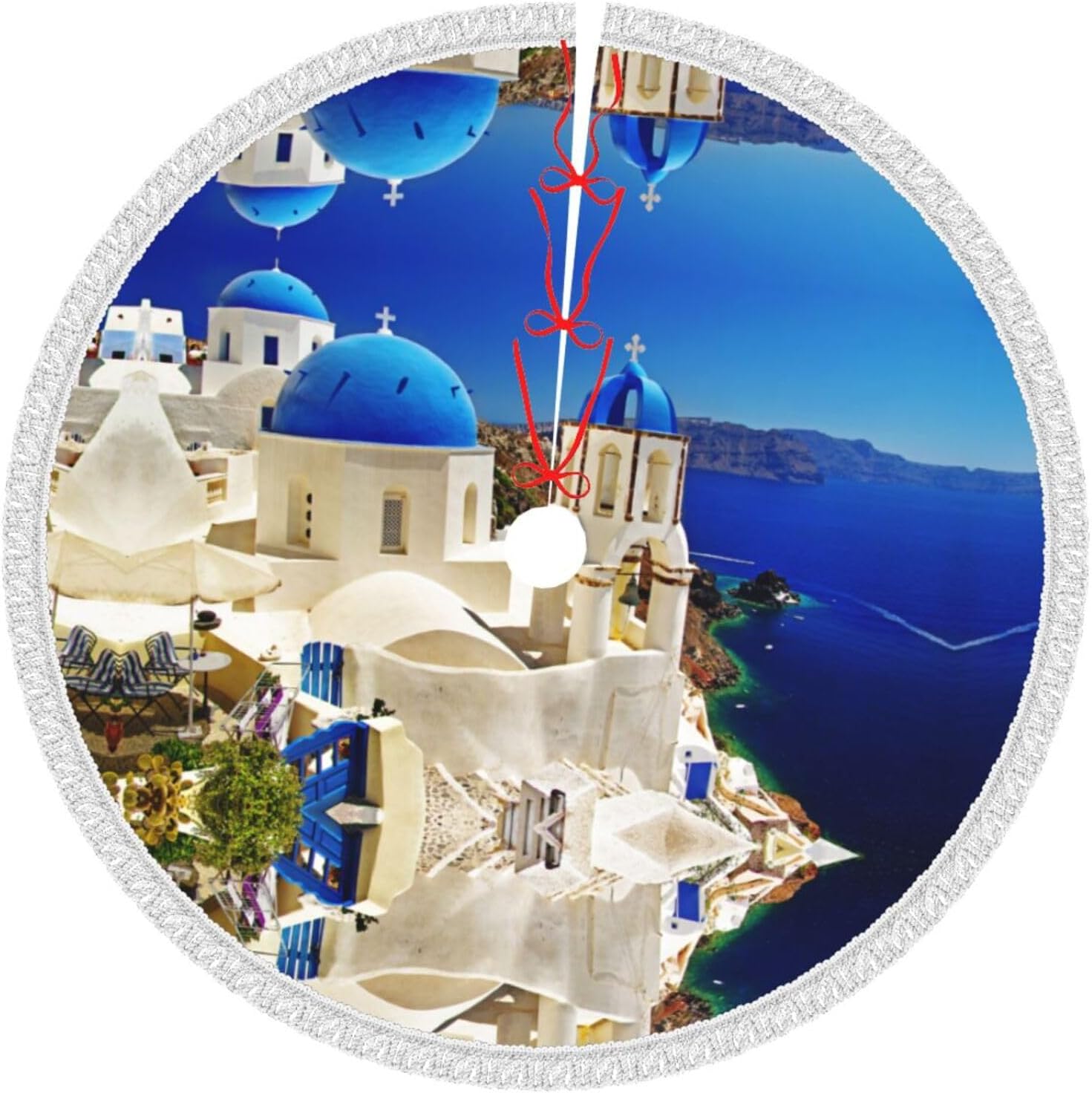 Santorini Greek Island Sea View Holiday Christmas Tree Apron with