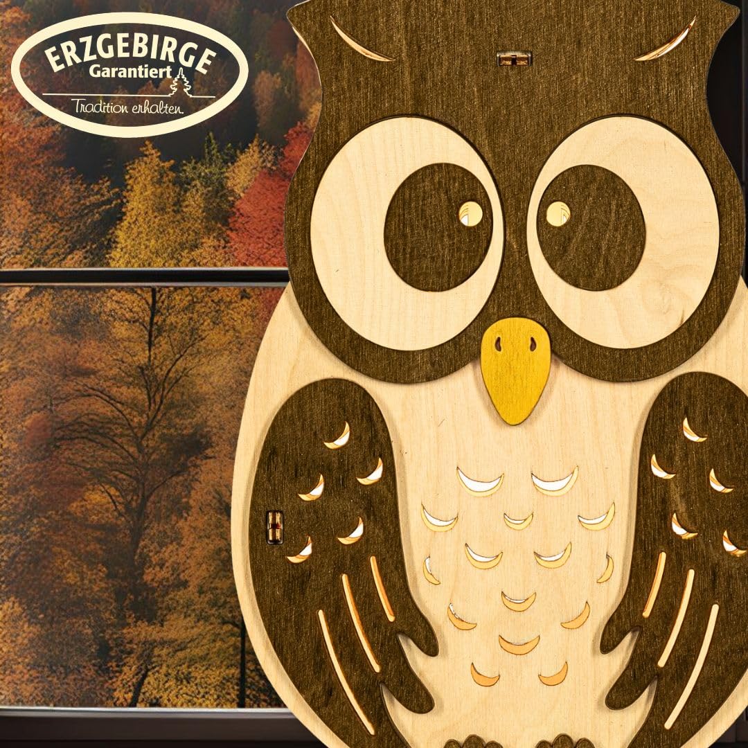 weigla - Fensterbild original Erzgebirge Eule I Herbstdeko Fenster I 1 Lampe I 7 W, E14 I Deko Fensterbild I Herbstbeleuchtung Holz I Fensterdeko hängend