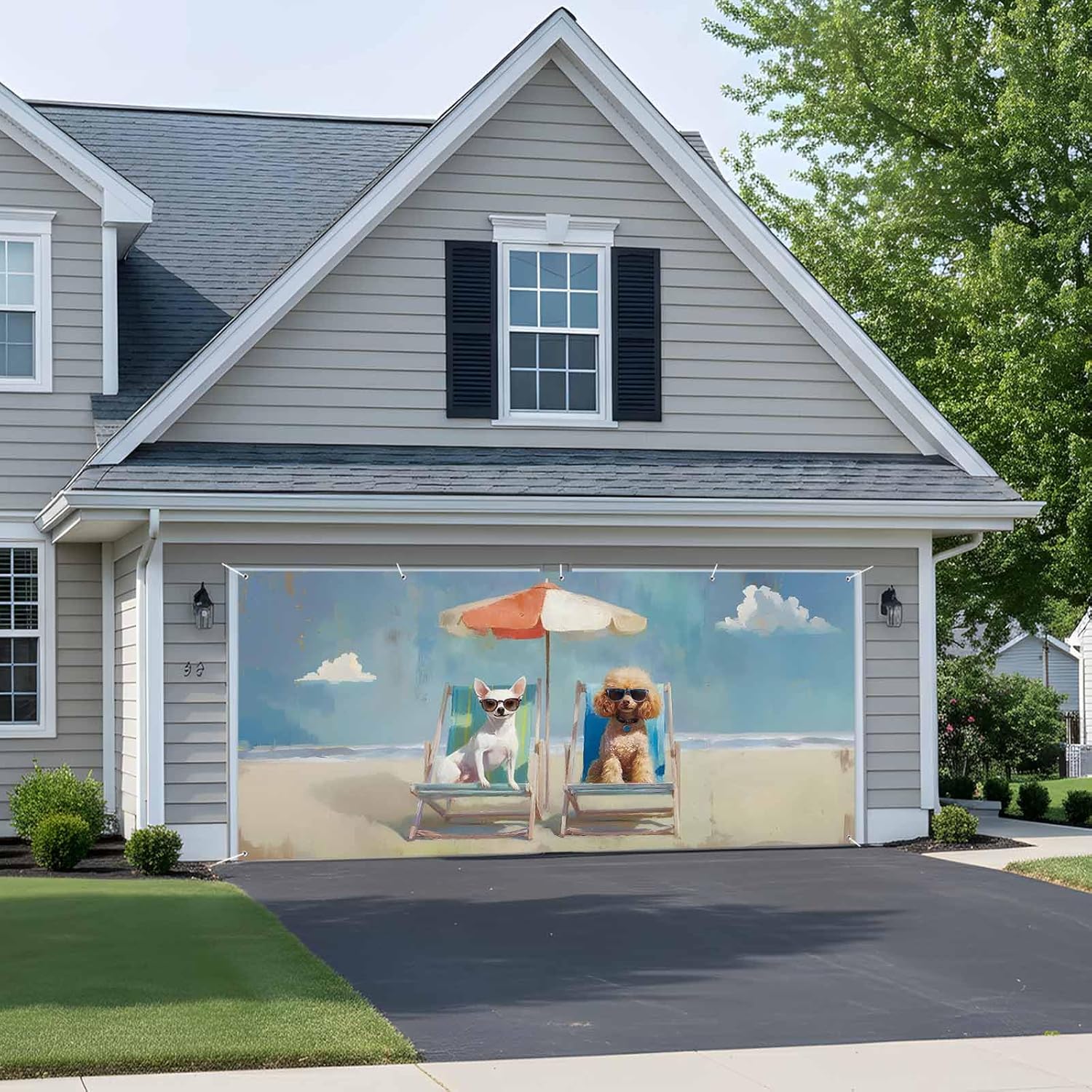 Summer 7 x 16 ft Garage Door Cover Abstract Puppy Holidays Beach Dog Large Decorations Waterproof Banner for Holiday Outdoor Decor