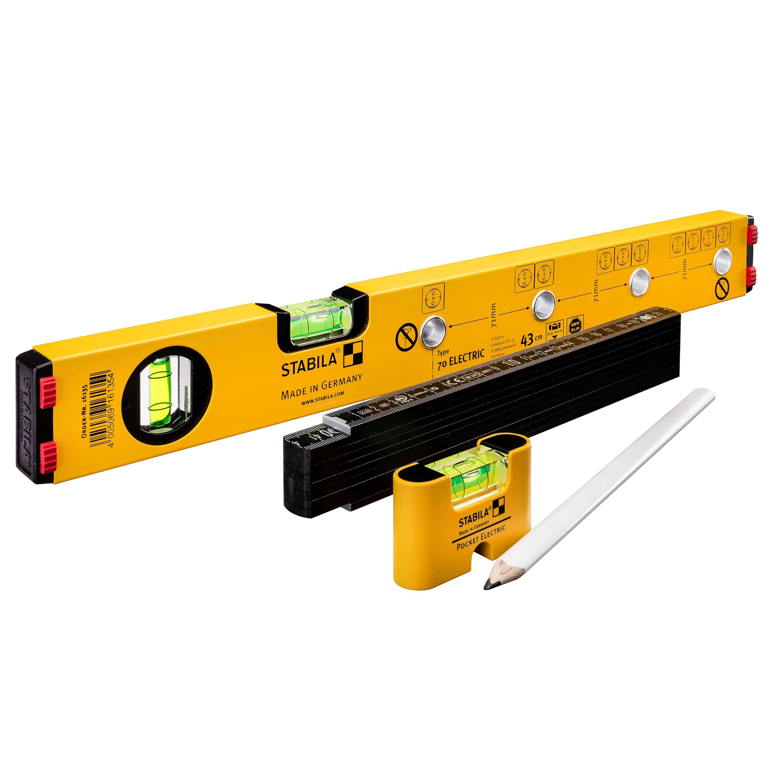 STABILA KIT ELECTRIC Goupille électrique type 70 pour électricien 43cm avec trous de marquage, mini niveau Pocket Electric /7cm, barre de pouce type 707P / 2m (certifié PEFC), crayon type ZB