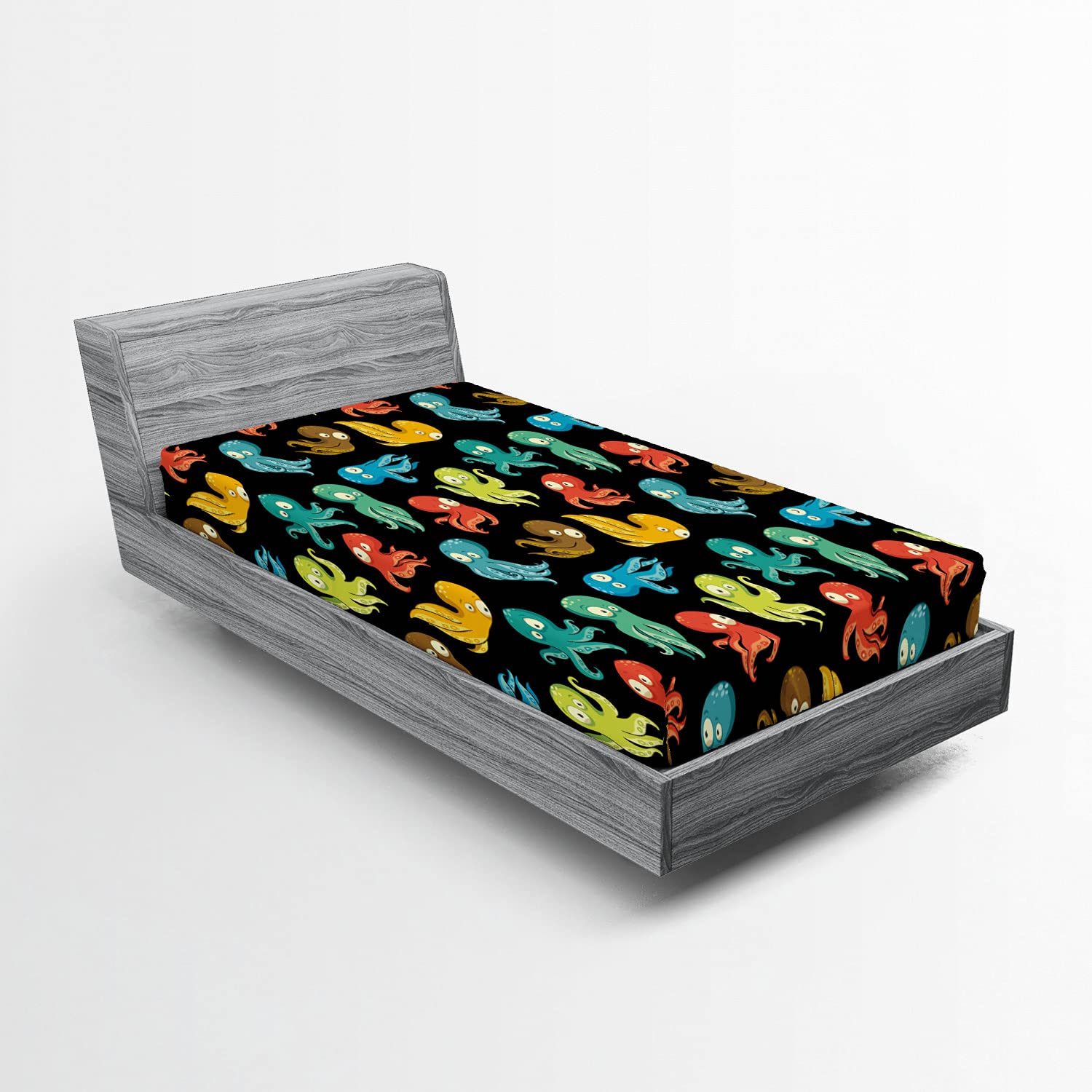 Ambesonne Octopus 2 Pack Fitted Sheet, Funny Sea Characters, Bed Cover All-Round Elastic Deep Pockets 2 Pieces, Package Contains 2 Twin Size Fitted Sheets, Black Aqua