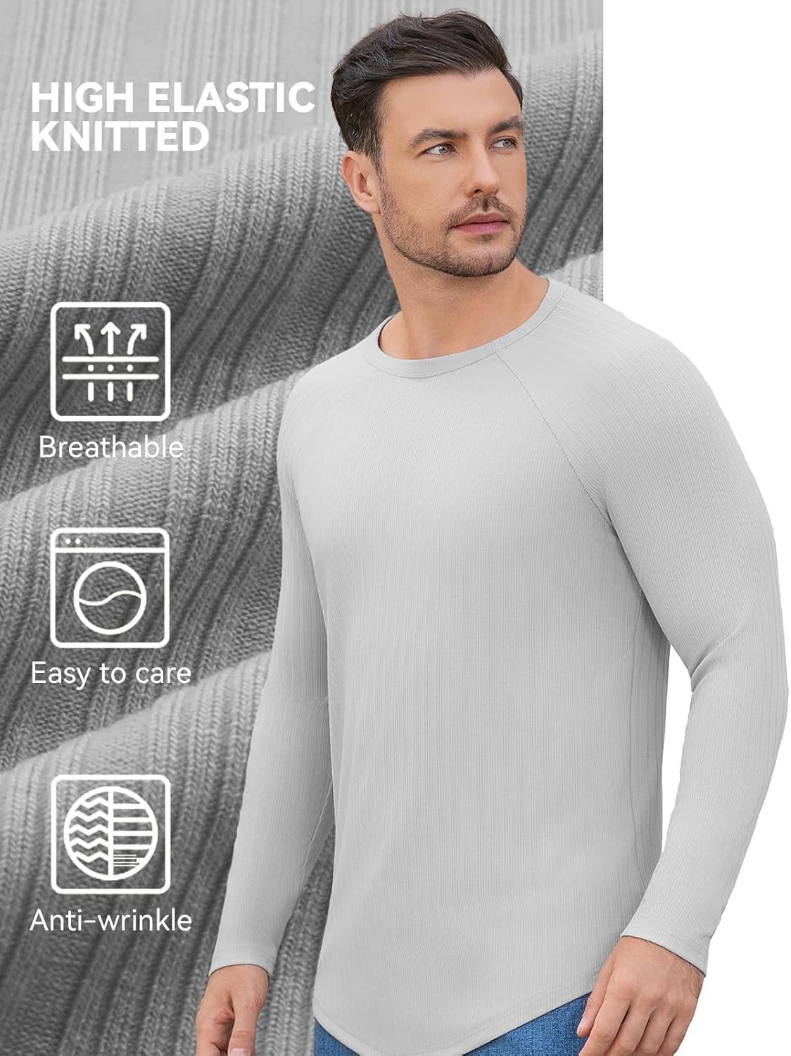 YTD Mens Long Sleeve Muscle T Shirts Casual Crewneck Raglan Tops Longline Ribbed Tee Shirts for Gym Workout - Image 5