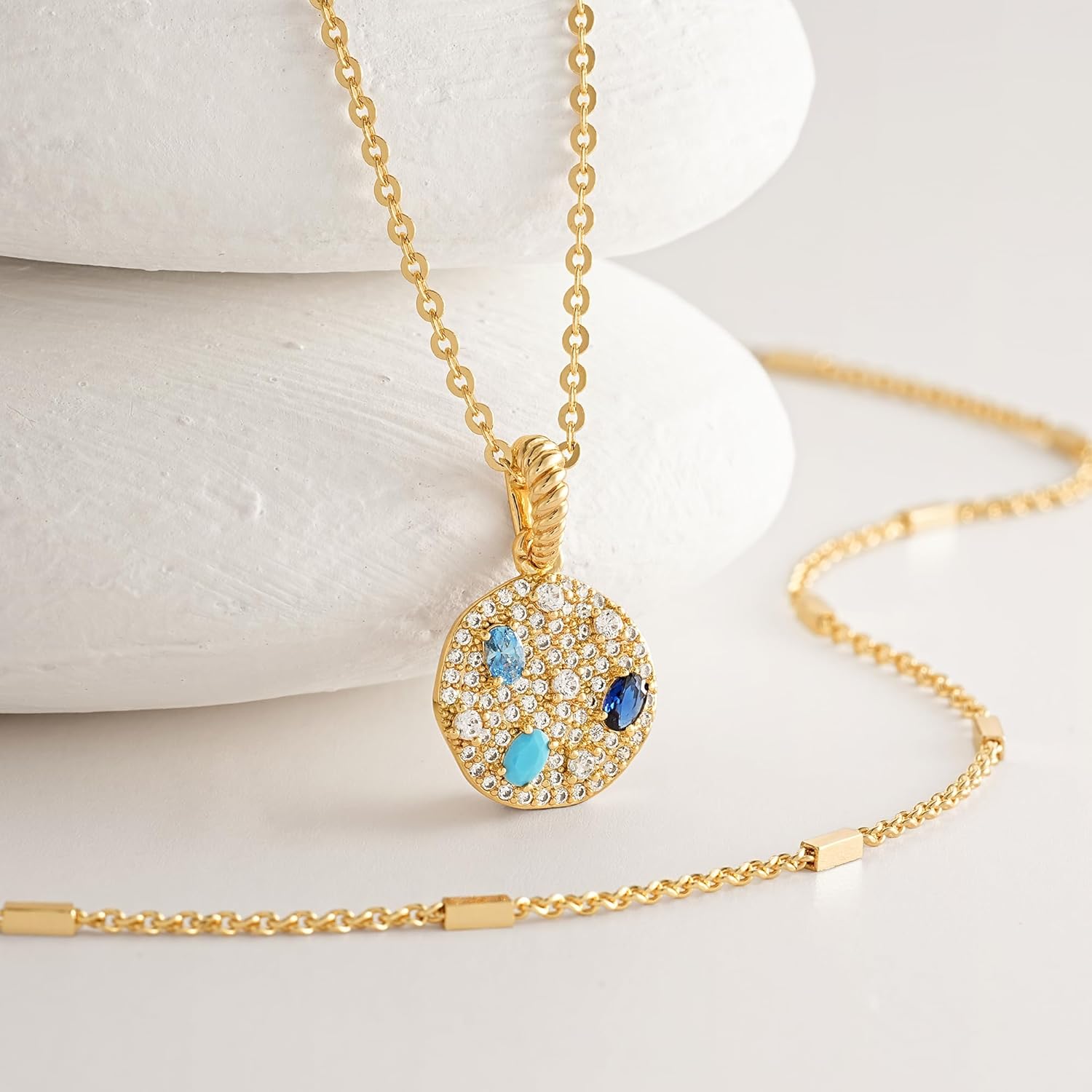 Luxury 14K Gold Plated Layered Necklace Set, Gemstone Accented Cross Star Lotus Leaf Design, Glamorous Gift for Women