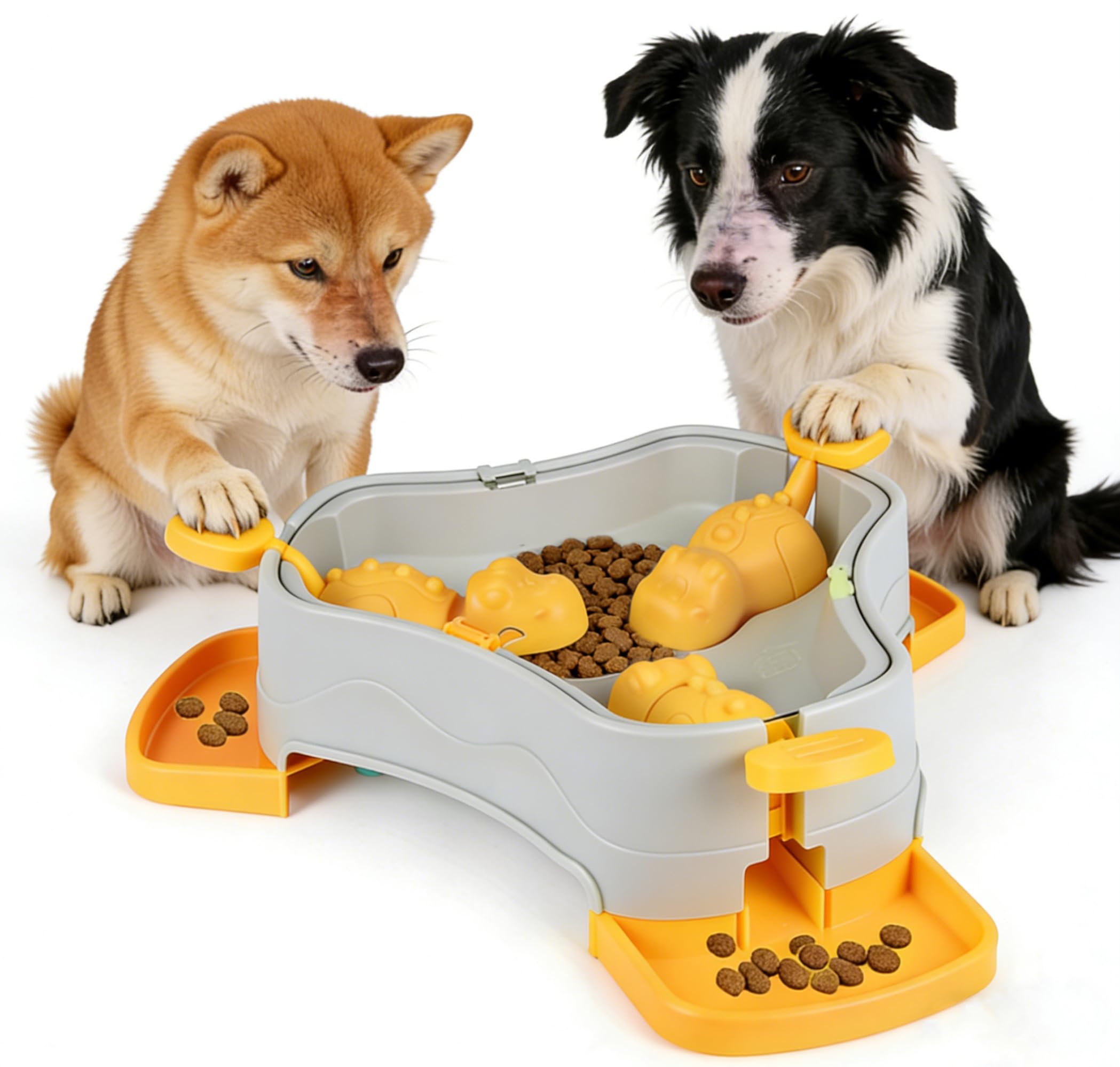 VENGABY Dog Cat Treat Dispenser Slow Feeder Toy, 3-in-1 Interactive Dog Puzzle Press Toys, Dog Enrichment Toy No-Slip Interactive Brain Training Toys for Smart Dog Cats (Grey/Yellow)