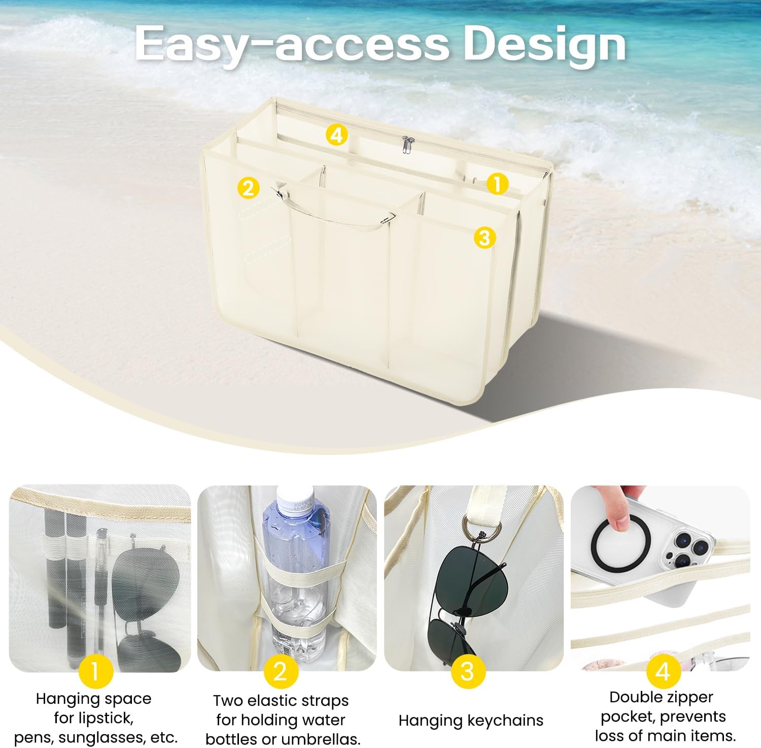 XYFuuee Beach Bag Organizer Inserts for Baby Medium Bogg Bag Accessories with 8 Removable Metal Fasteners, Lightweight Mesh Insert Divider Pouch, Organizing Rubber Tote, Save Storage Space, Khaki M - Image 4