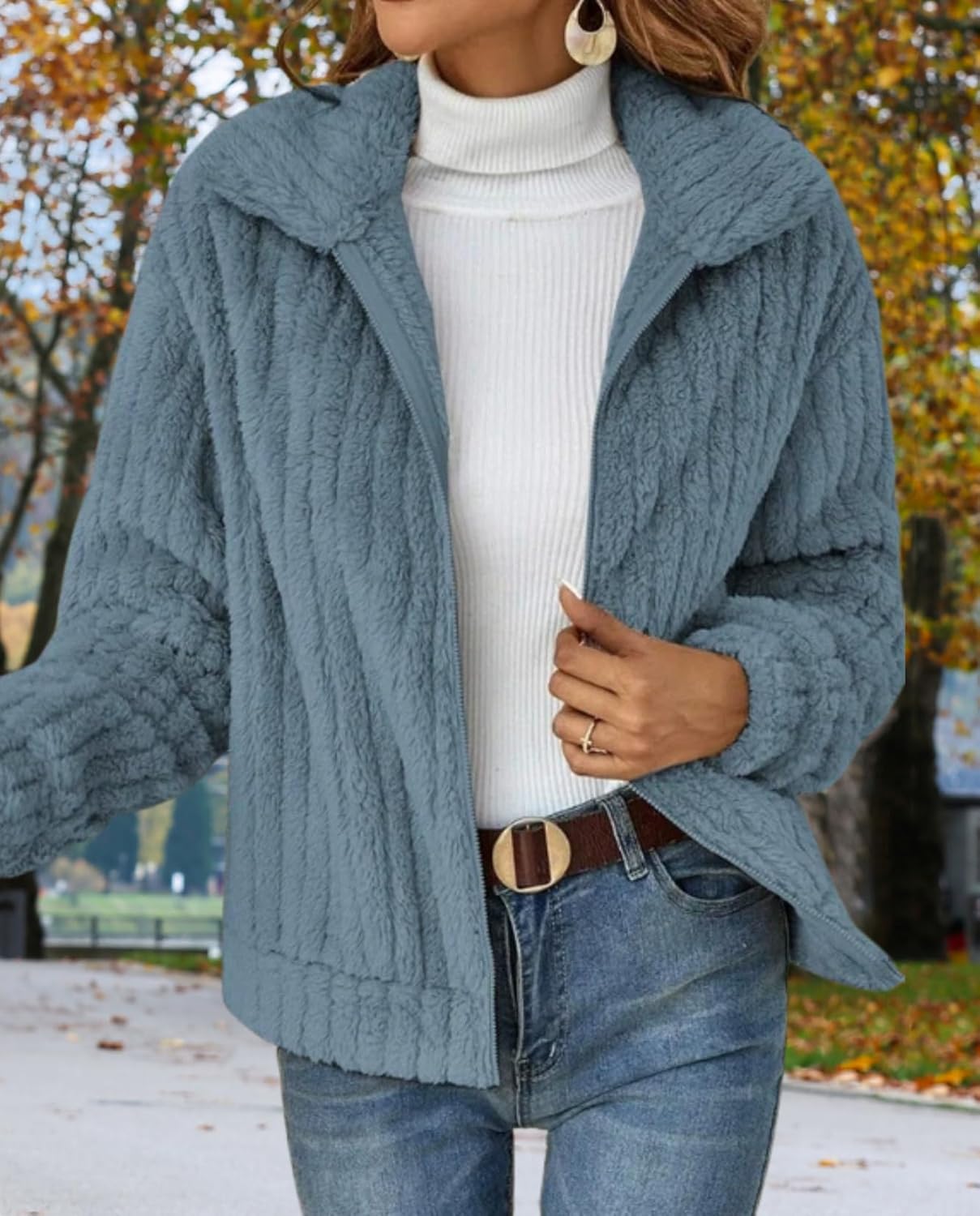 LIZALIG Coats for women Furry Lapel Fleece Cardigan Casual Faux Shearling Zipper Coat Oversized Plush Jackets