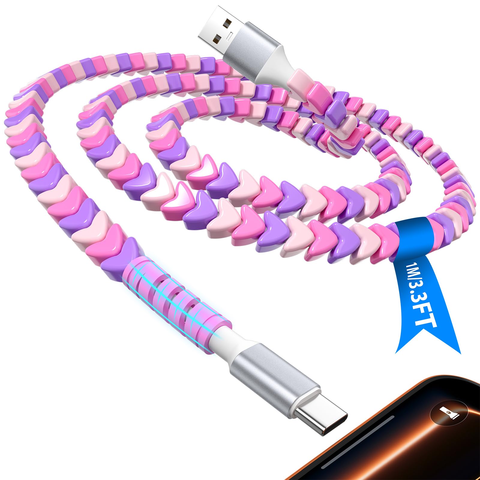 Cable USB C con cuentas de 1 m, cable de carga rápida para CarPlay, 25 W, 20 W, 18 W, 15 W, USB a tipo C, carga rápida para Samsung S25 Edge S24 FE S23 A17 para iPad A16 Pixel 9a para Moto G Stylus