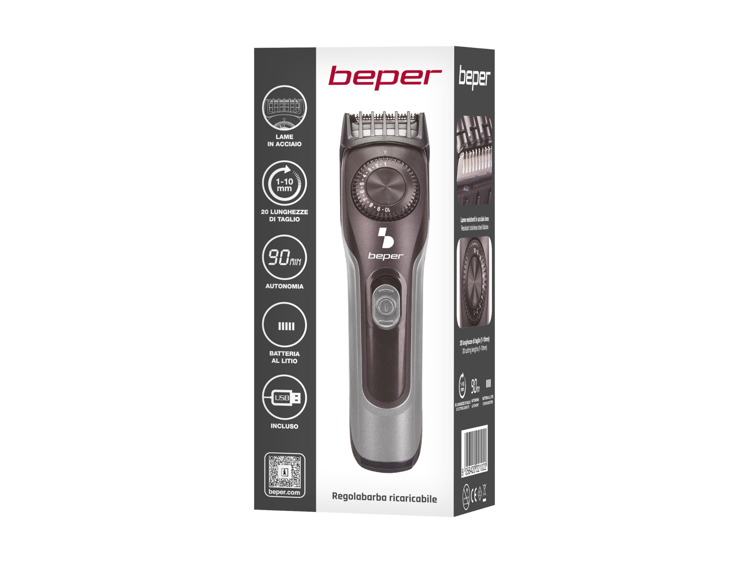 Beper 40.332 - Regolabarba ricaricabile, adatto anche per capelli, lame rimovibili in acciaio inossidabile, 20 lunghezze, ricarica con cavo USB (adattatore da parete non incluso)