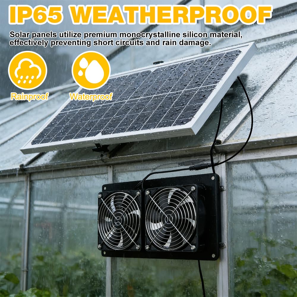 Solar Ventilator Gewächshaus, 16W Solarventilator Wasserdicht mit Unterstützung, Dual Ventilator Solar, Solar Lüfter für Kleine Hühnerställe, Schuppen, Ansaug- oder Abluft