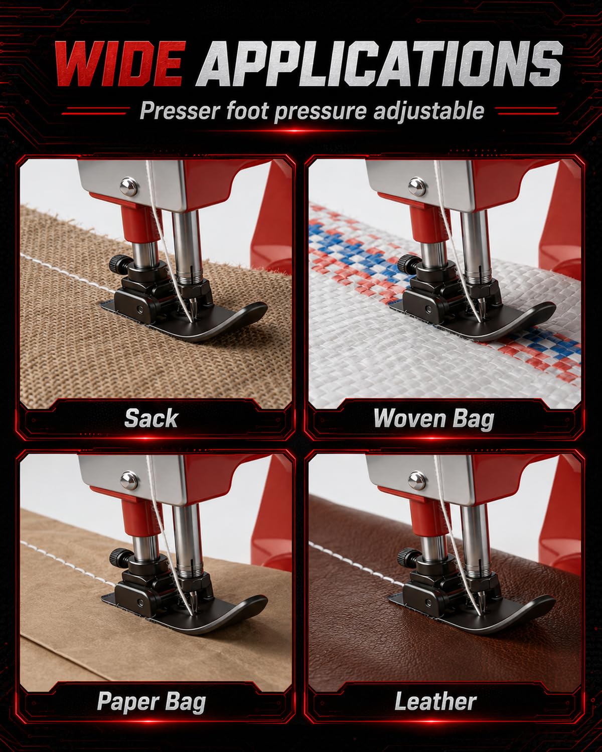 Máquina de Coser Sacos Eléctrica Inalámbrica, Cosedora de Sacos Portátil con Motor Brushless de 280W y 2 Baterías 4.0Ah, Máquina de Cierre para Sacos de 0,2-10 mm para Sacos PP, Papel Kraft y Cuero