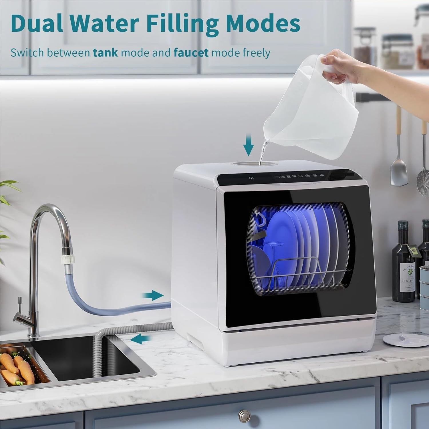 Countertop Dishwasher. Portable Dishwasher, 6 Wash Programs, Dual Water Supply, Auto Drying, For Kitchens, Apartments, RVs .Space Saving